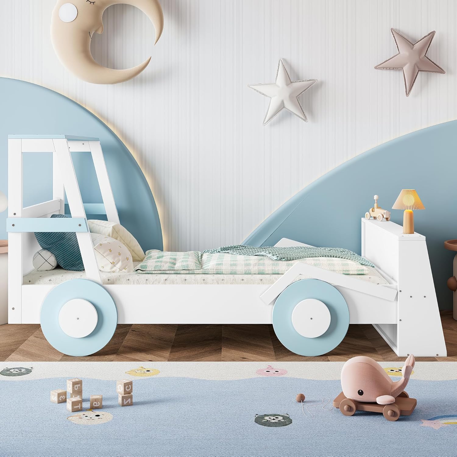 Twin Size Car-Shaped Bed with Storage Shelves, Low Profile Platform Bed with Headboard and Footboard, Wooden Car Bed Frame with Guardrails and Wheels, Blue & White