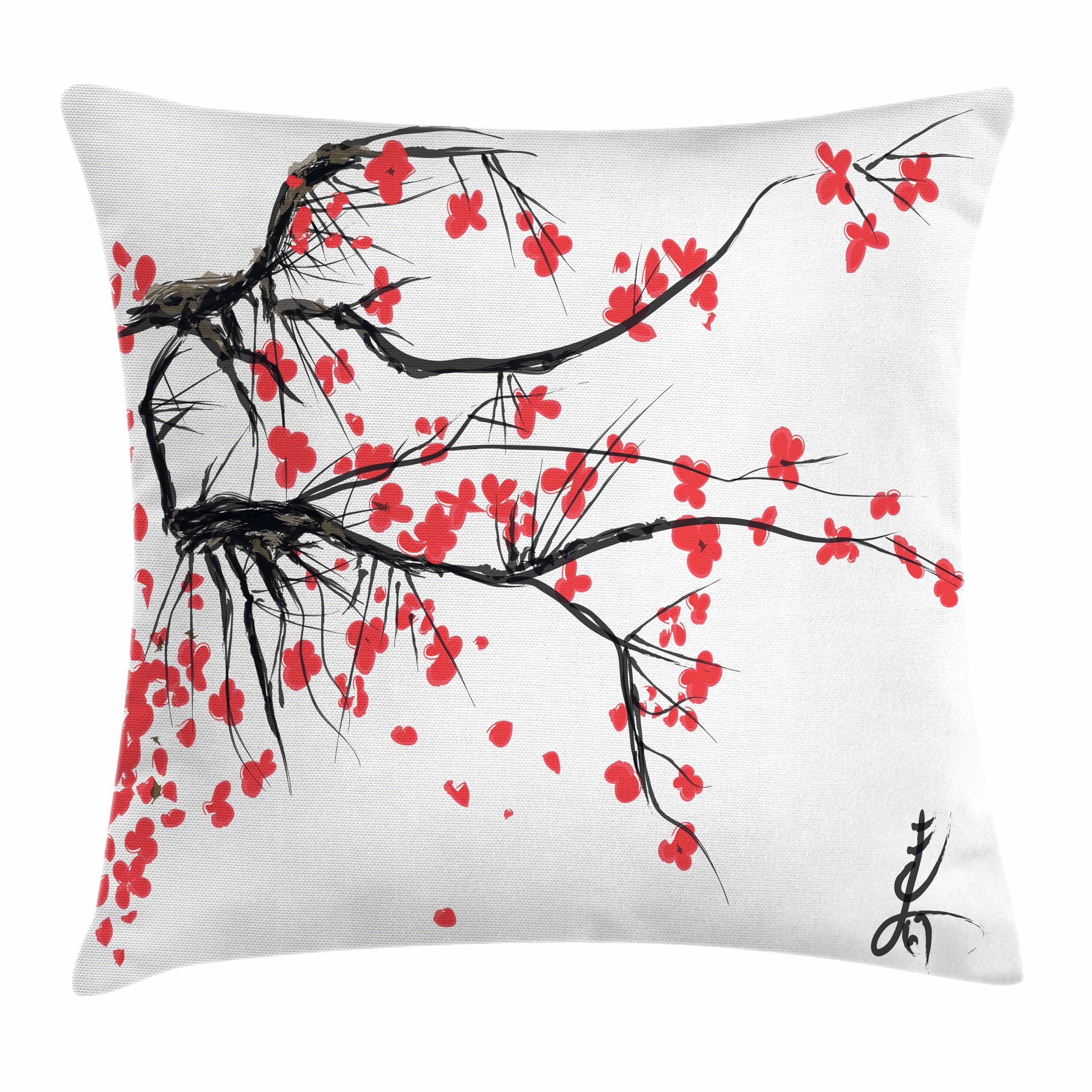 AmbesonneNature Pillow Cushion Cover Pack of 2, Sakura Blossom Japanese Cherry Tree Garden Summertime Vintage Cultural, Decorative Square Accent Pillow Case, 2 Pcs-16" x 16", Vermilion Grey and White