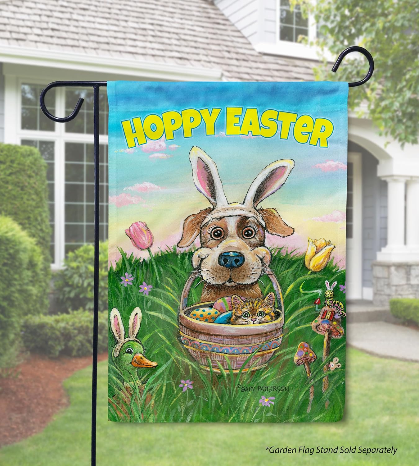 Flagology, Gary Patterson, Hoppy Easter Pup Funny Dog Garden Flag 12" x 18", Spring Yard Decor