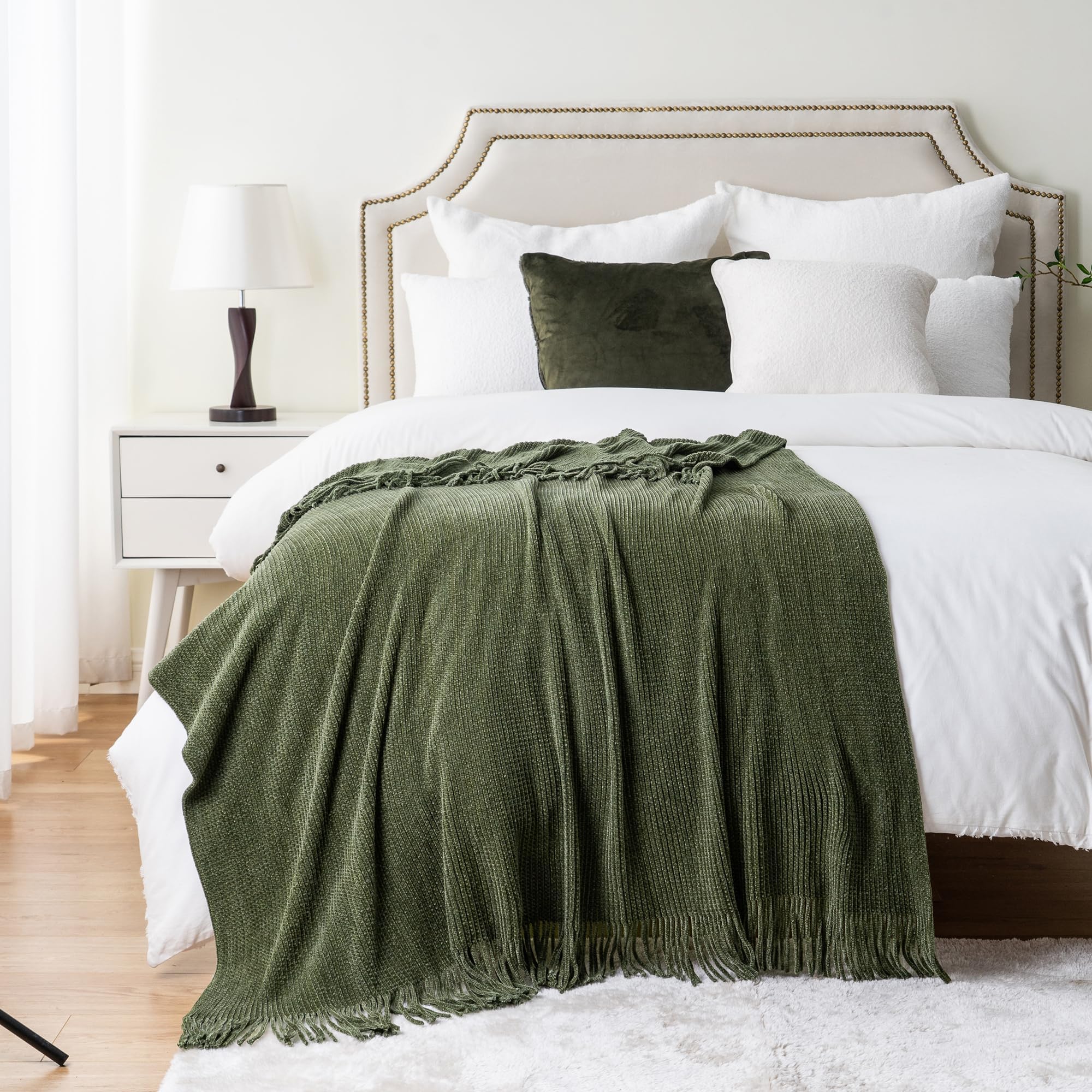 BATTILO HOME Olive Green Throw Blanket for Couch, Soft Chenille Knit Throws with Tassels for Home Decor, Green Throws for Couch Cover, 50"x60"