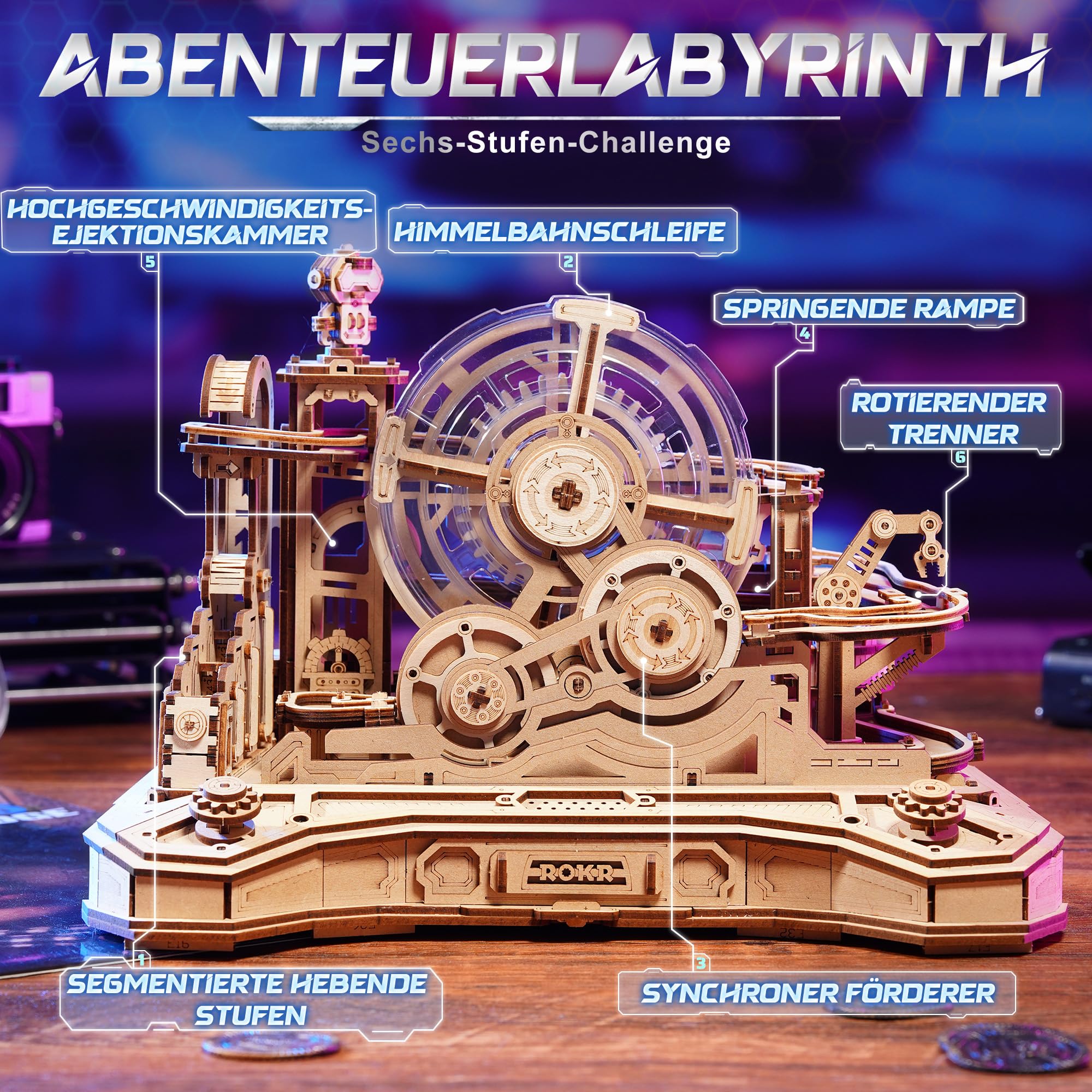 ROKR 3D Puzzle Holz Kugelbahn Modellbausatz,Gear Ball Challenge Bauspielzeug,Holzpuzzle DIY Geschenke für Männer und Kinder