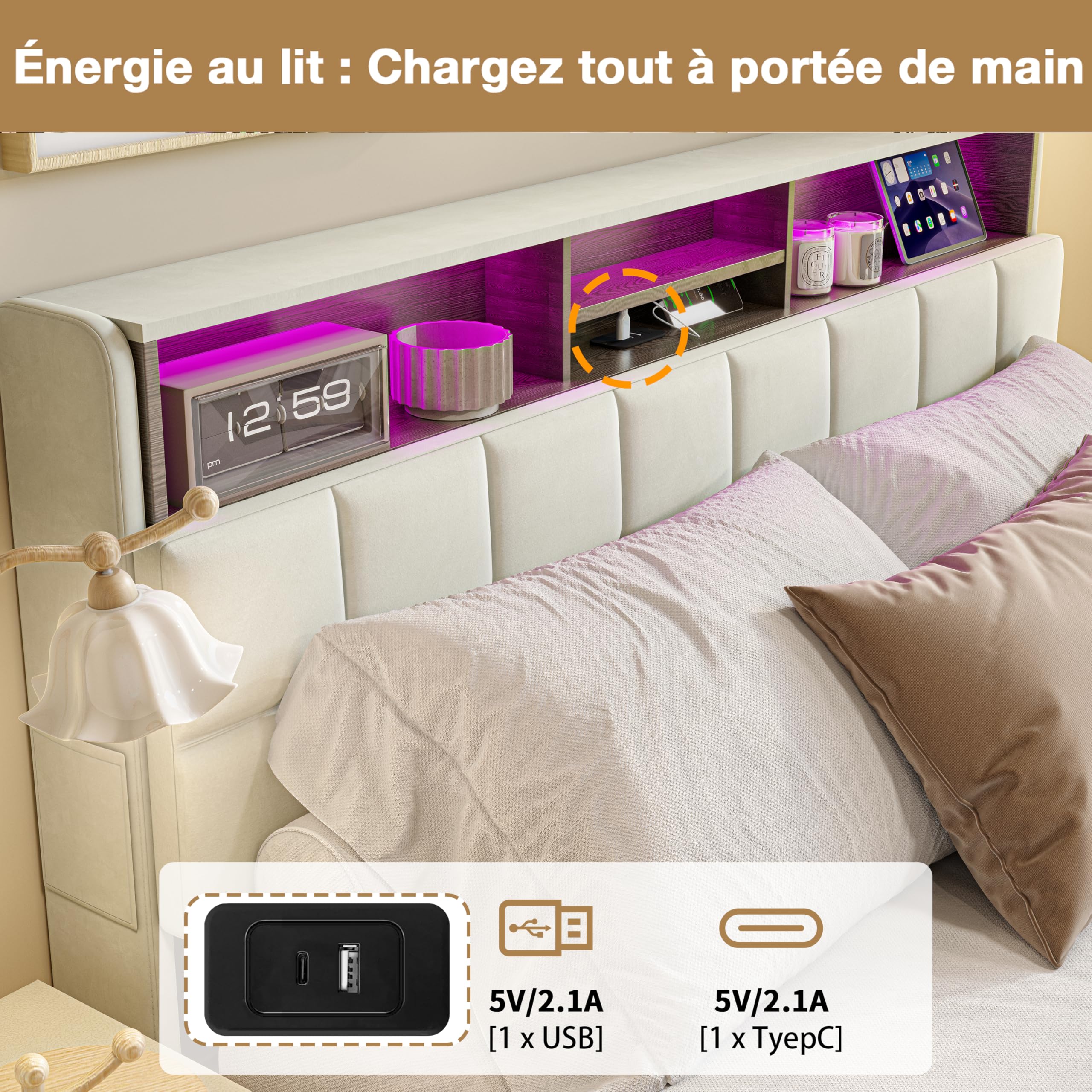 Letto Contenitore Matrimoniale 160x200 cm con LED e USB, Struttura Letto King Size con Alzata a Gas Idraulica, Letto Imbottito, Beige