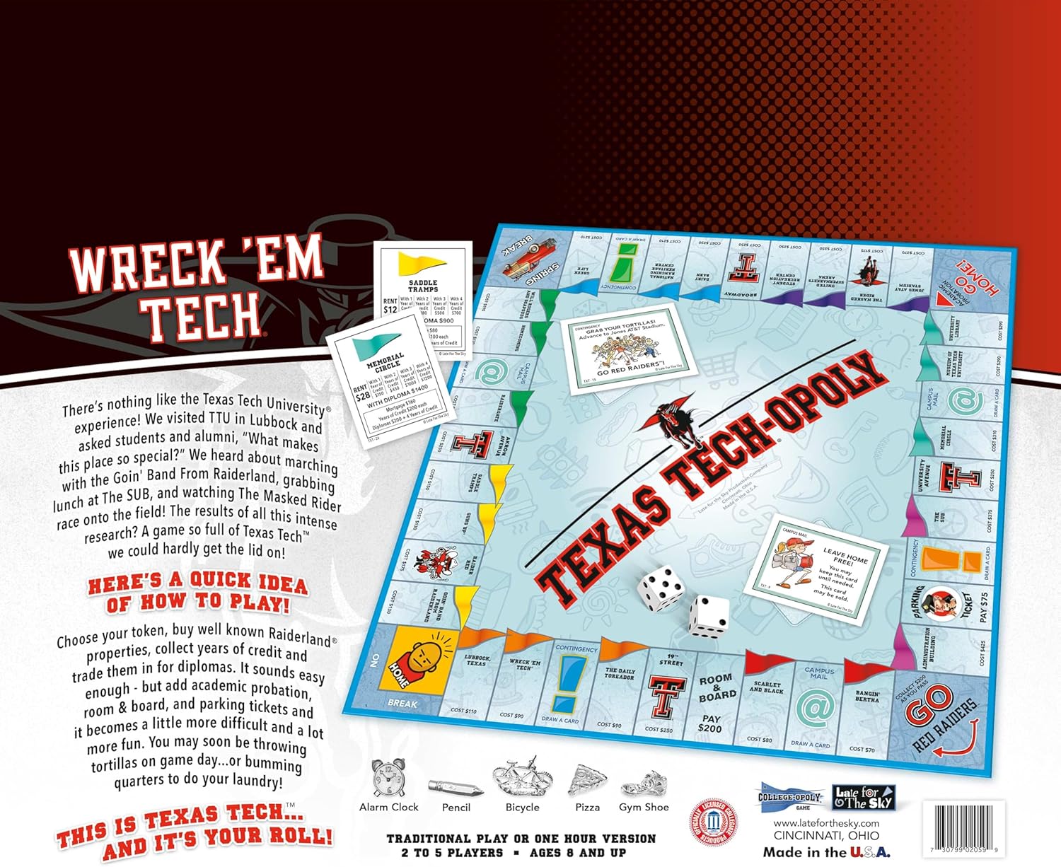 Late for The Sky Texas Tech-Opoly Board Game – Official University Campus Edition, Family Party Strategy Board Game for Adults and Kids, 2–6 Players, Ages 8+, Collect Credit Hours and Diplomas