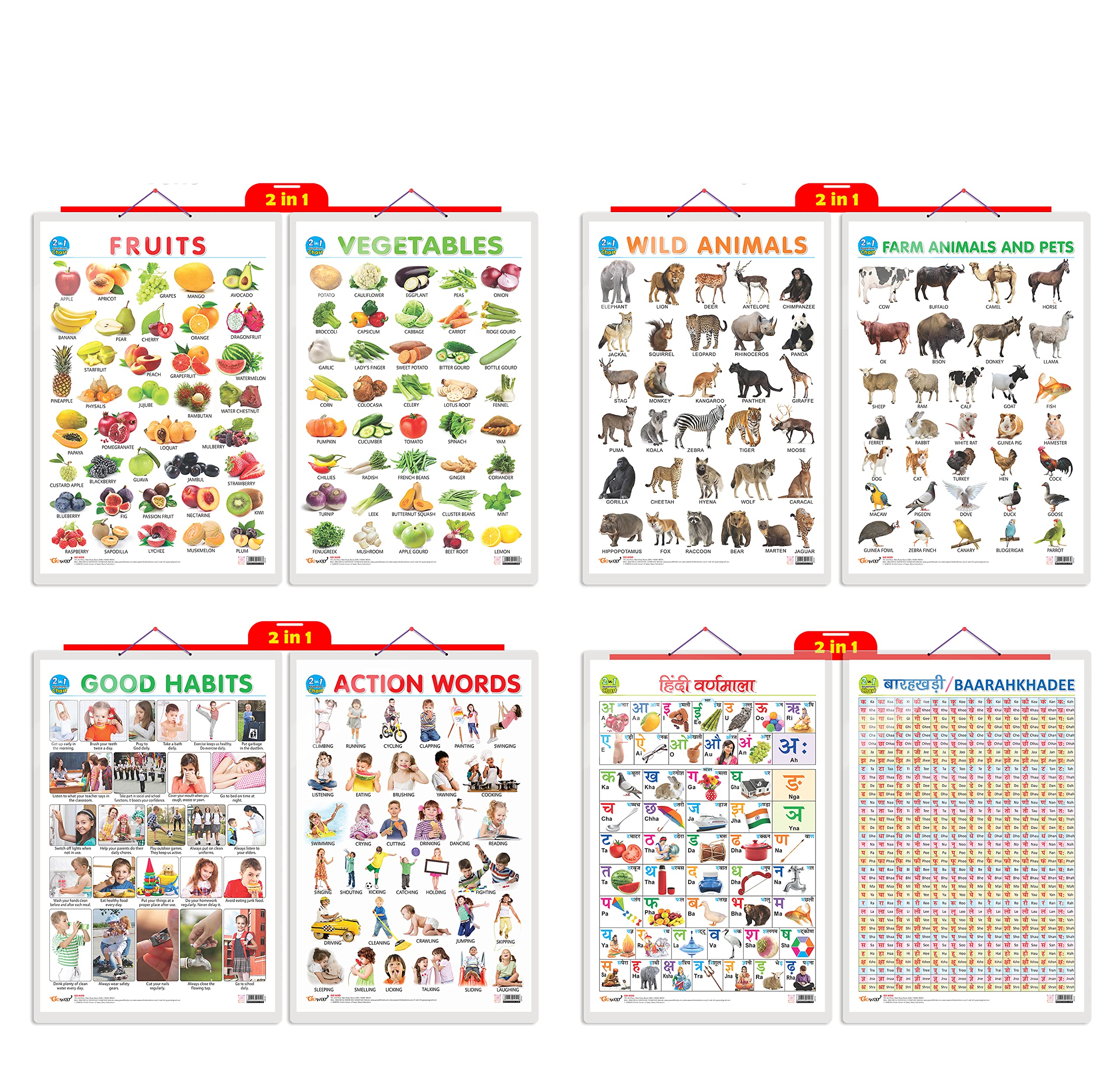 GO WOO Gift pack of 4 | 2 IN 1 FRUITS AND VEGETABLES, 2 IN 1 WILD AND FARM ANIMALS & PETS, 2 IN 1 GOOD HABITS AND ACTION WORDS and 2 IN 1 HINDI VARNMALA AND BAARAHKHADEE Charts.