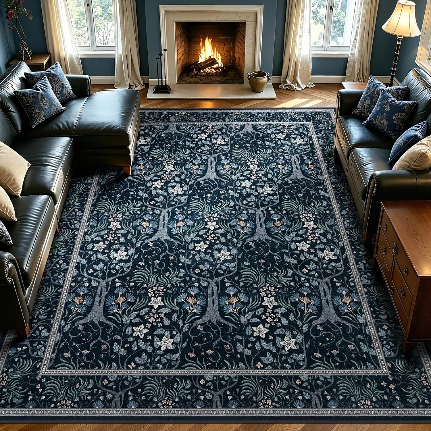 Joydeco Boho Floral Washable Rug, Black - Image 1