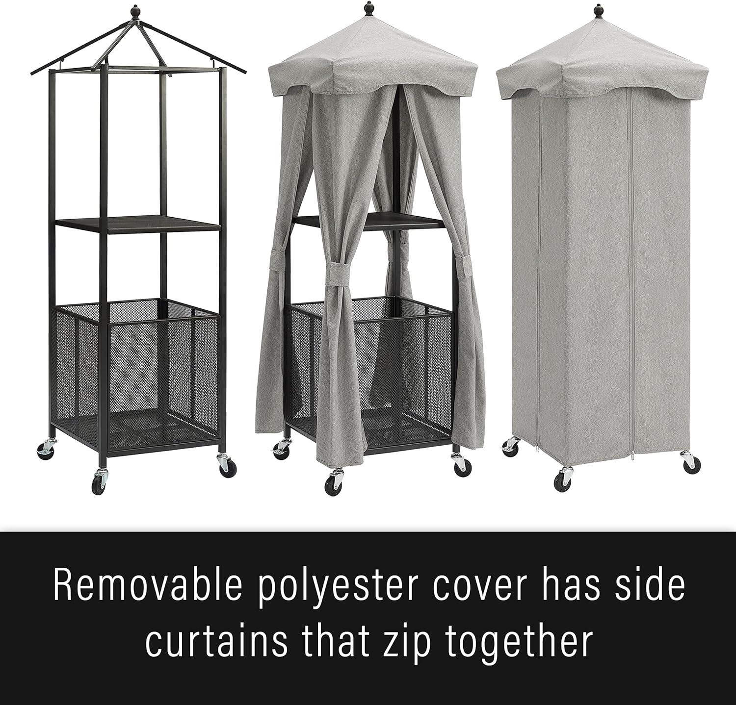 Crosley Furniture Grady Towel Valet Caddy, Covered Rolling Outdoor Storage for Pool and Hot Tub, Gray/Matte Black