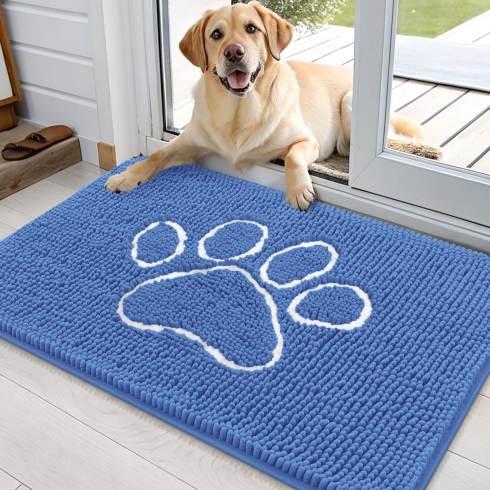 OLANLY Dog Door Mat for Muddy Paws 36x24, Paw Print Design Chenille Mud Mat