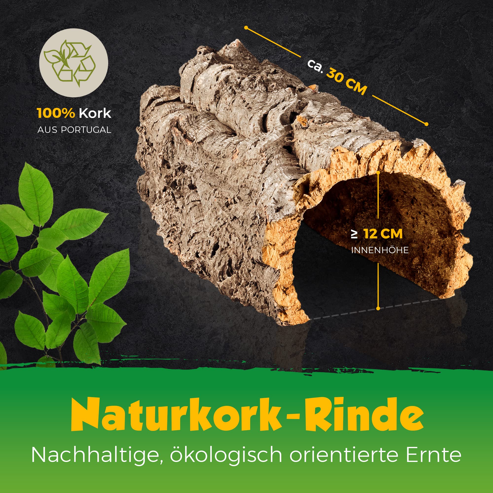 Kork-Deko Corteza de Corcho: Cueva de Corcho (Medio Arco) Parte Inferior Abierta, 30 cm, Altura Interior Aprox. 12 cm