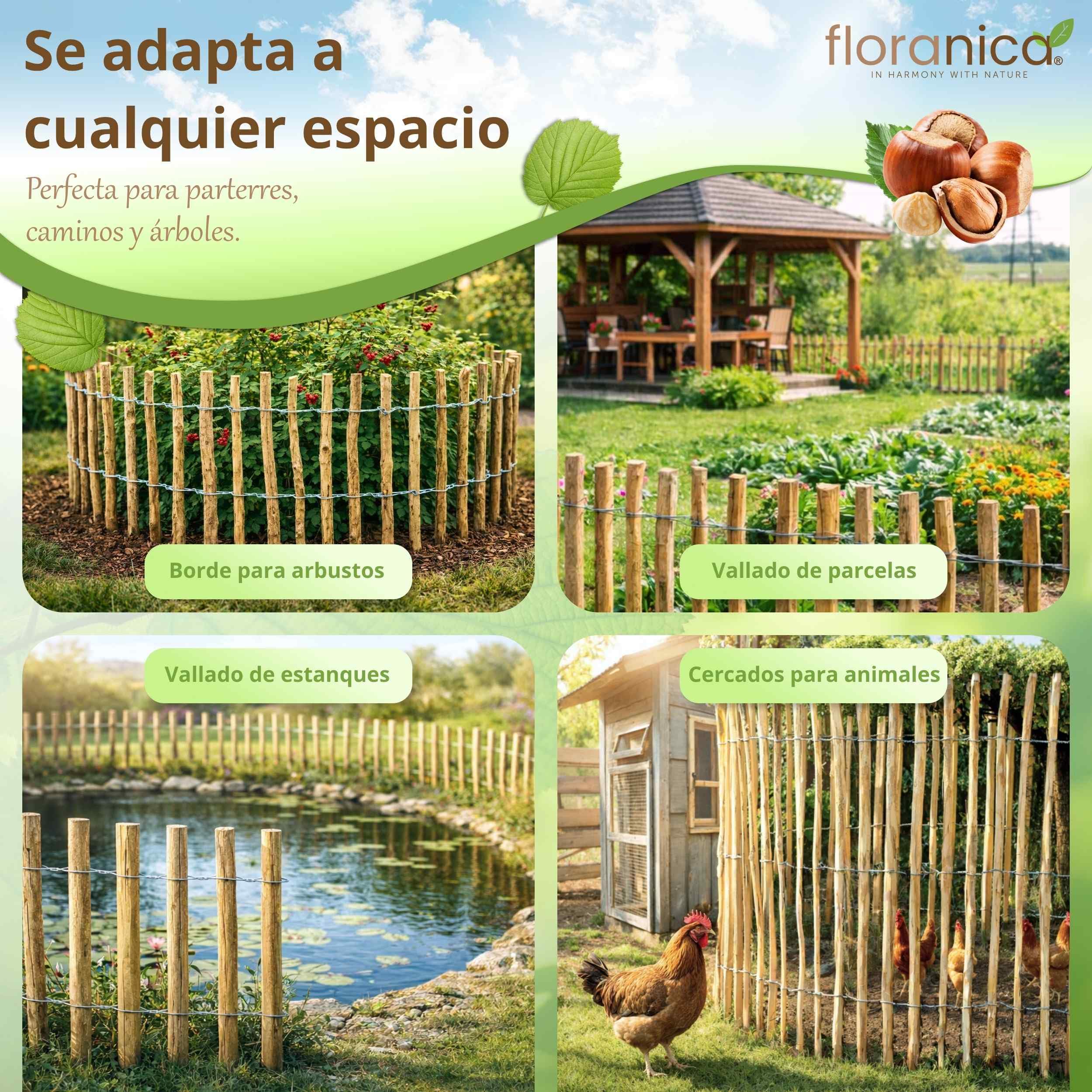 Floranica Valla de estacas de avellana con postes altura 50 cm x 5 m distancia entre lamas 4-6 cercas de jardín de castaño Valla de madera bordes de parterre vallas enrollables