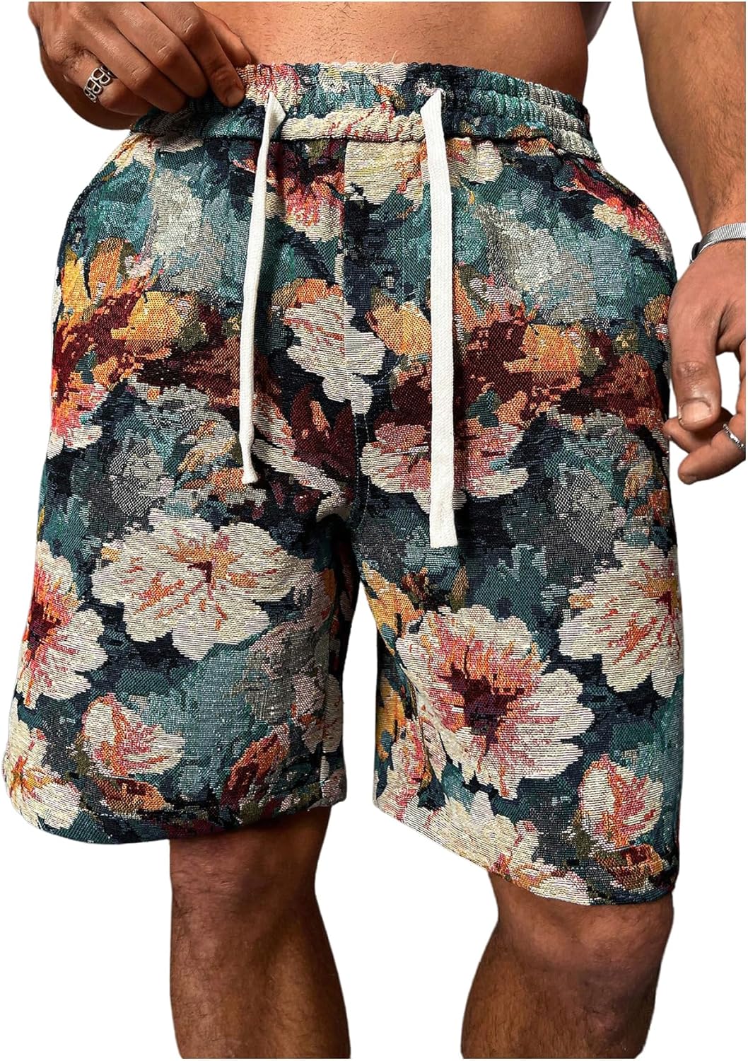 Men's Floral Embroidery Drawstring Waist Shorts Summer Vacation Shorts with Pockets