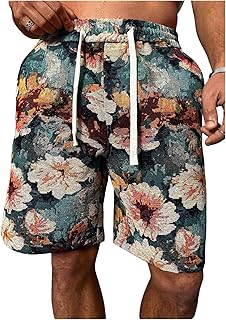 Men's Floral Embroidery Drawstring Waist Shorts Summer Vacation Shorts with Pockets