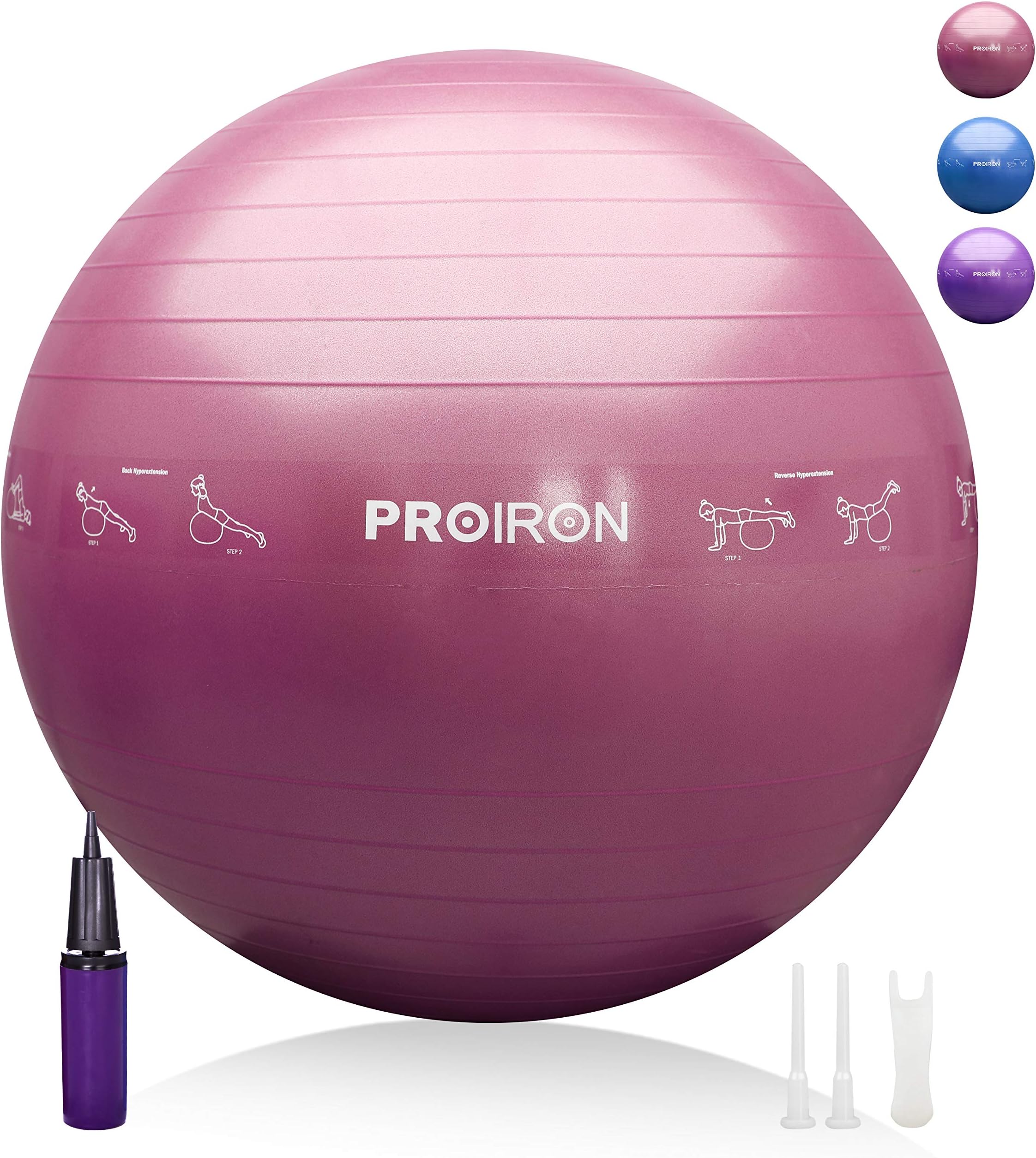 PROIRONExercise Yoga Ball with Postures - Anti Burst Pregnancy Ball Extra Thick 55cm 65cm 75cm for Home Gym Fitness - Swiss Ball for Birthing, Pilates, Fitness, Labour, Balance, StabilityClimatePartner certified