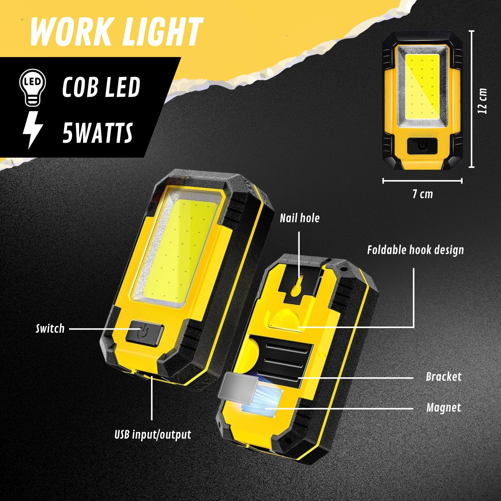 2x Linterna COB LED con Gancho e Imán. Linterna Magnética de Taller con 3 Modos. Linterna Recargable para Hogar, Automóvil, Camping, Senderismo. 5W y 500LM. (Cable USB Incluido).