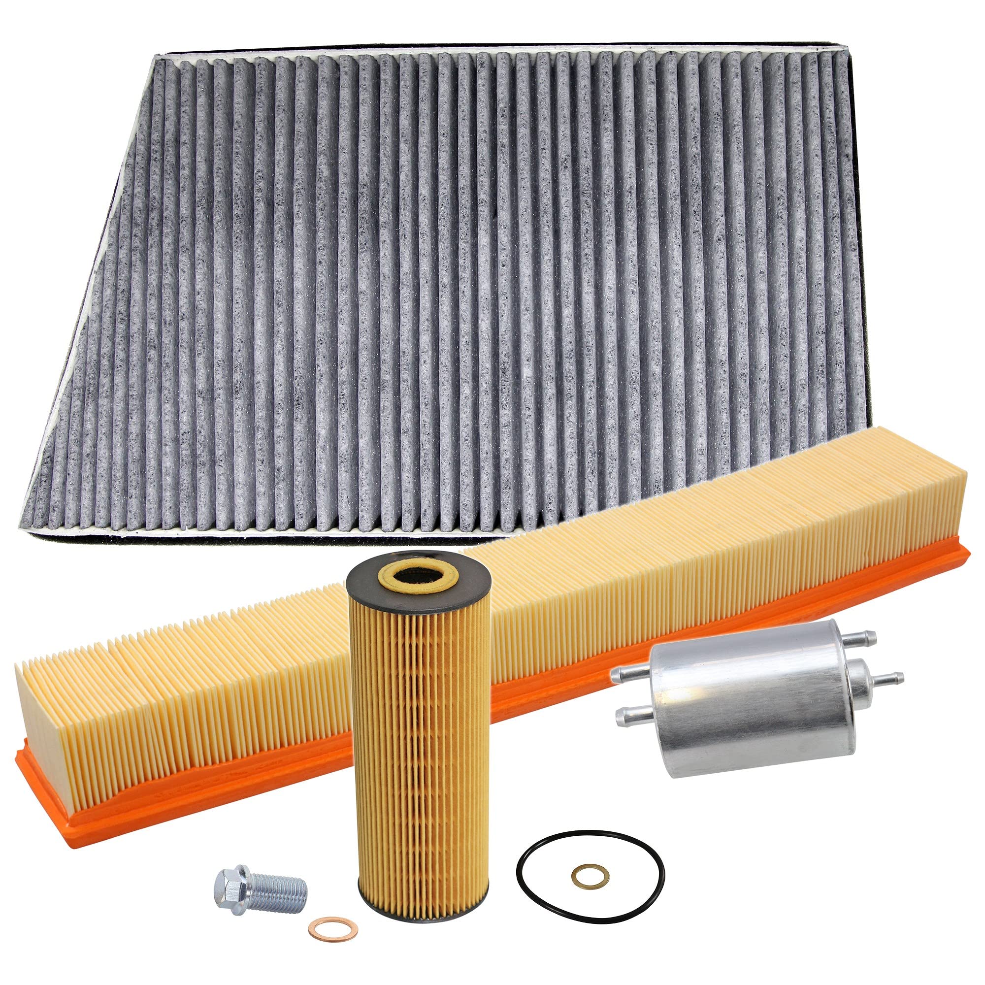 BESTPRICE Set di filtri di ispezione con 1x filtro olio, 1x filtro carburante, 1x filtro aria, 1x filtro aria abitacolo (carbone attivo), compatibile con MERCEDES Classe C (W203) (CL203) (S203)