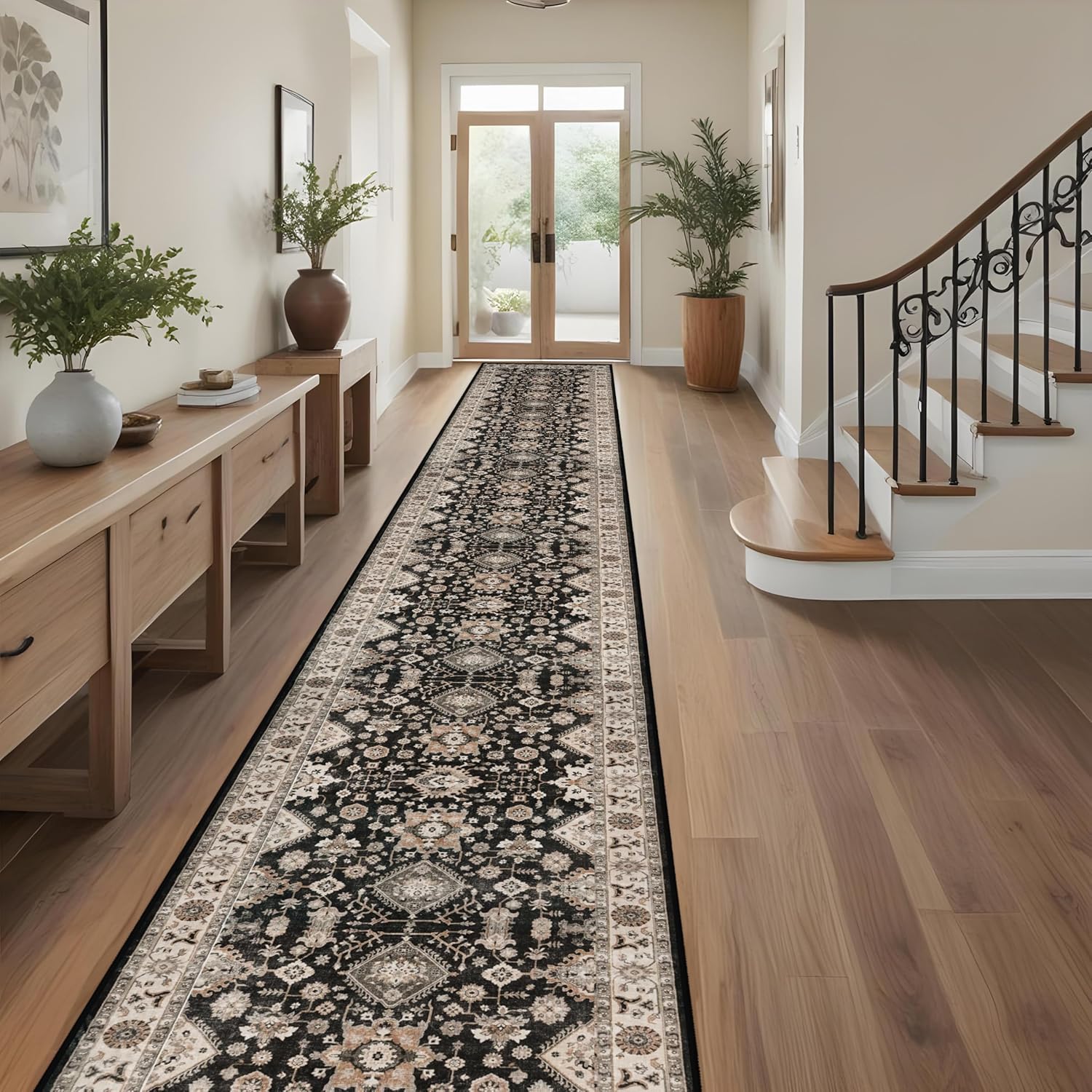 Washable Hallway Runner Rug 3x20: Non Slip Runner Rugs with Rubber Backing Soft Kitchen Rug Farmhouse Distressed Carpet Runner for Living Room Bedroom Bathroom (Black, 3X20) 3x20 Black