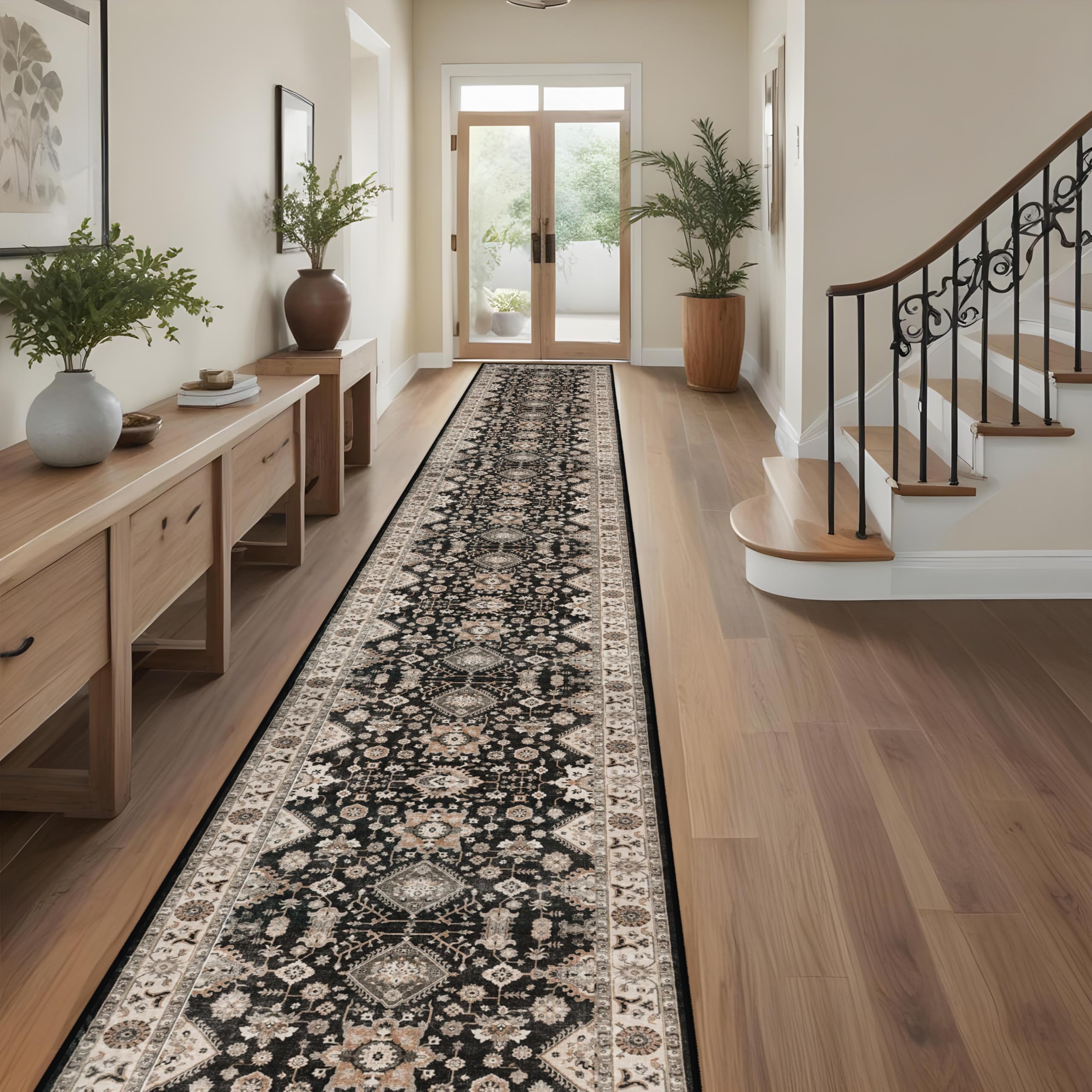 Washable Hallway Runner Rug 3x20: Non Slip Runner Rugs with Rubber Backing Soft Kitchen Rug Farmhouse Distressed Carpet Runner for Living Room Bedroom Bathroom (Black, 3X20)