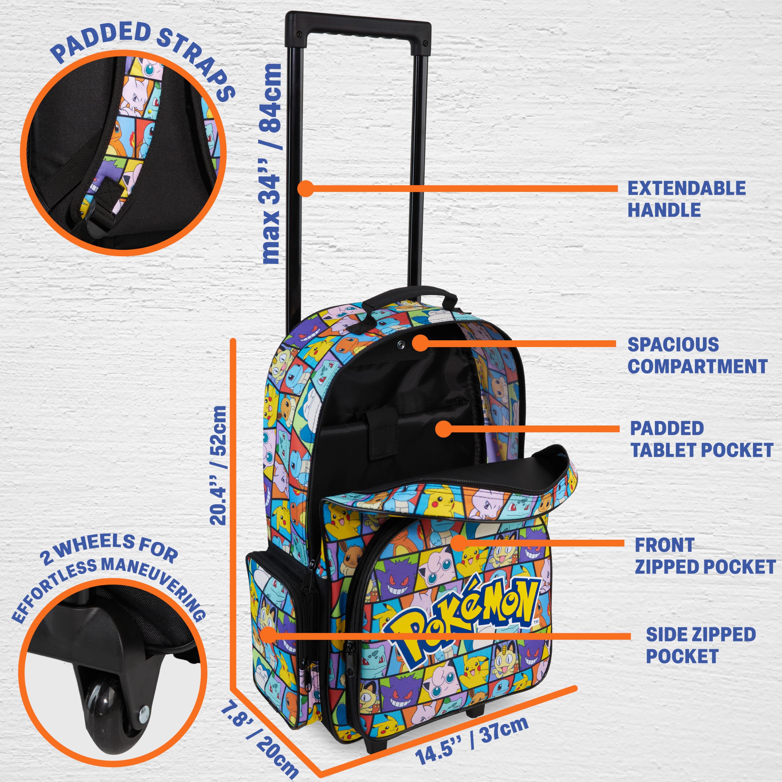 Get Trend Pokemon Trolley Rucksack Kinder, 2-in-1 Reisetasche mit Rollen und Metallgestell, Leicht Handgepäck Rucksack mit verstellbaren Schultergurten, Anime Geschenke für Jungen (Multi Pokemon)