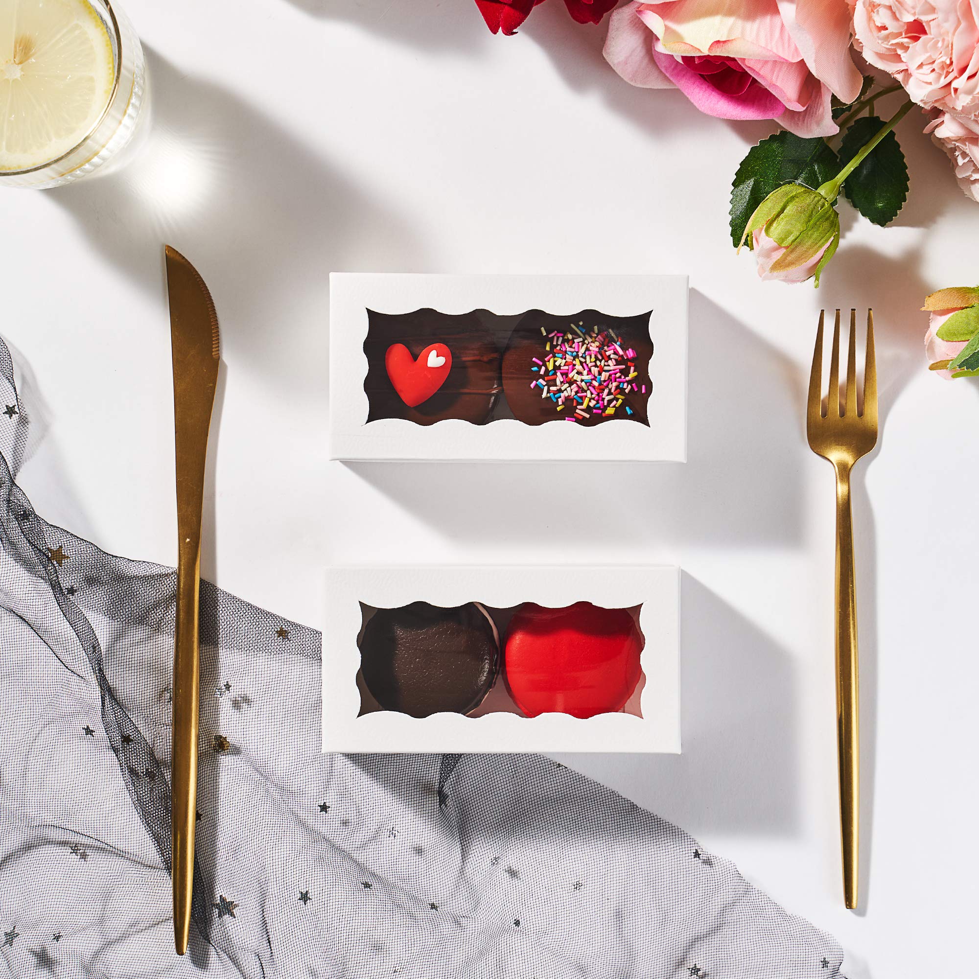 JCXGRVC 24PCS 4.17x2.16x1.37 Inches Elegant White Double Favor Boxes with Clear Window for Macaron, Chocolate, Small Cookies, Party Candy Treat Boxes