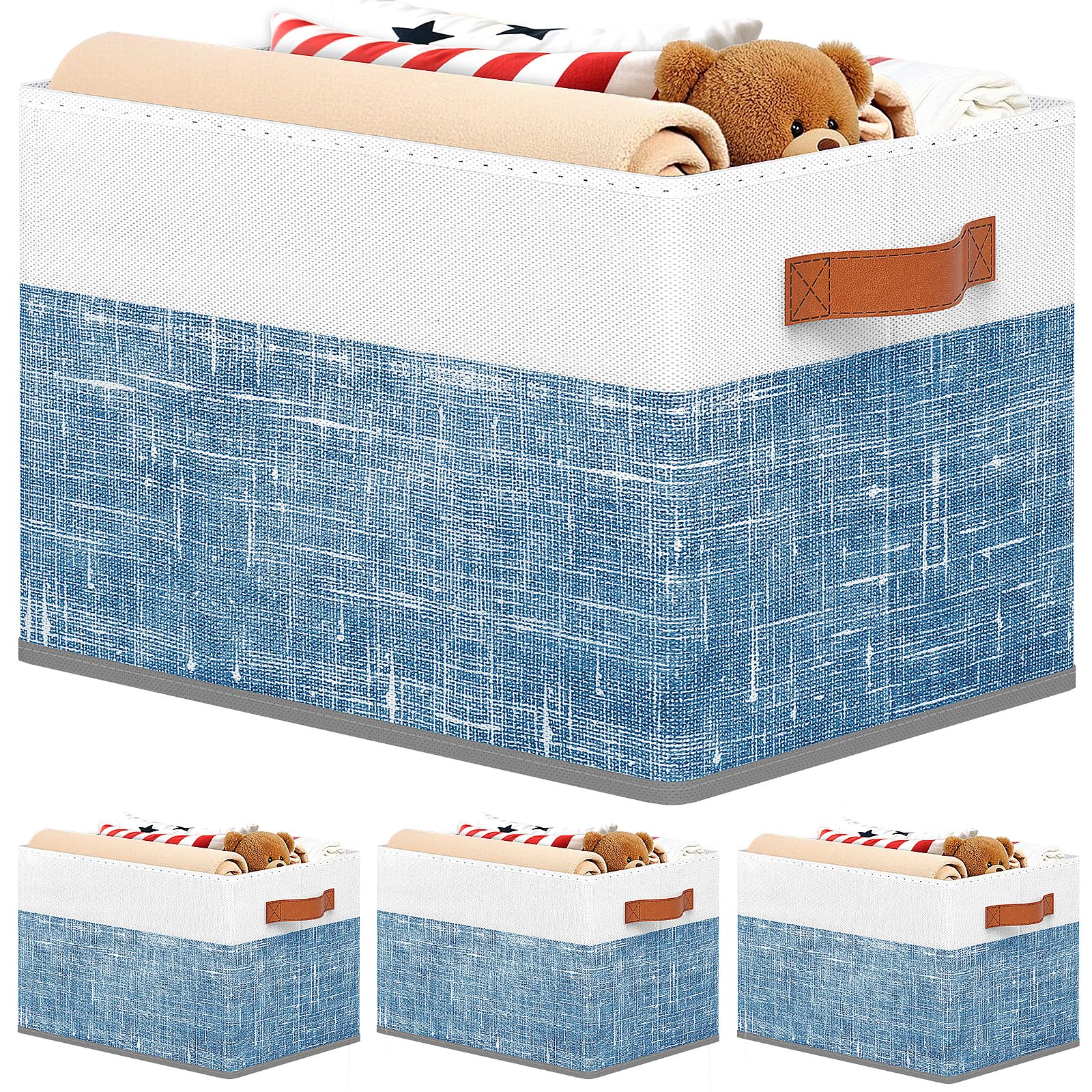 Fab totes Collapsible Storage Baskets for Shelves,14"x10", 4 Pack Foldable Fabric Storage Bins with Double Leather Handles, Large Baskets for