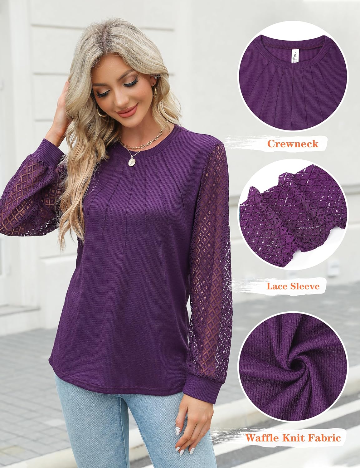 Blooming Jelly Women's Waffle Knit Tops Dressy Business Casual Blouses Lace Long Sleeve Work Shirts Fall Clothes - Image 4