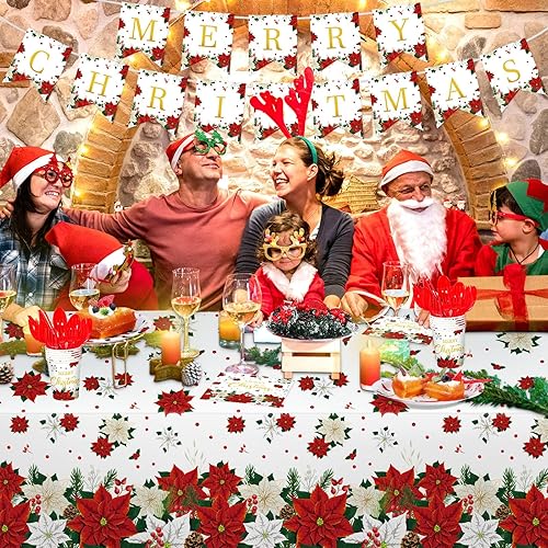 Miniatura 6 de Layhit Juego de vajilla desechable de Navidad de 172 piezas, platos de flores de Pascua de Navidad, mantel, tazas, vajilla de Feliz Navidad para