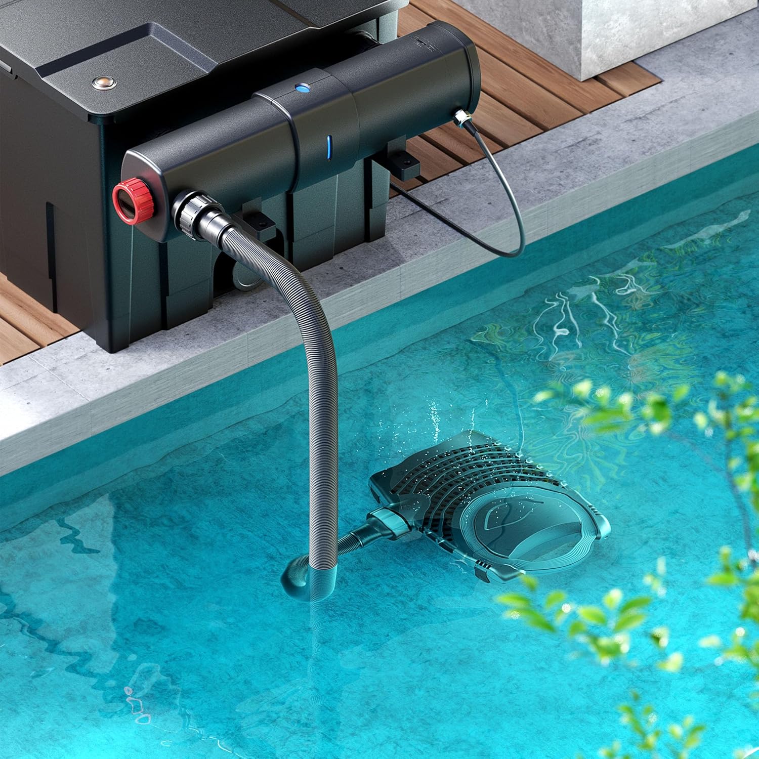SunSun NEO-10000 pond pump installed in a pond, connected to an external filter unit.