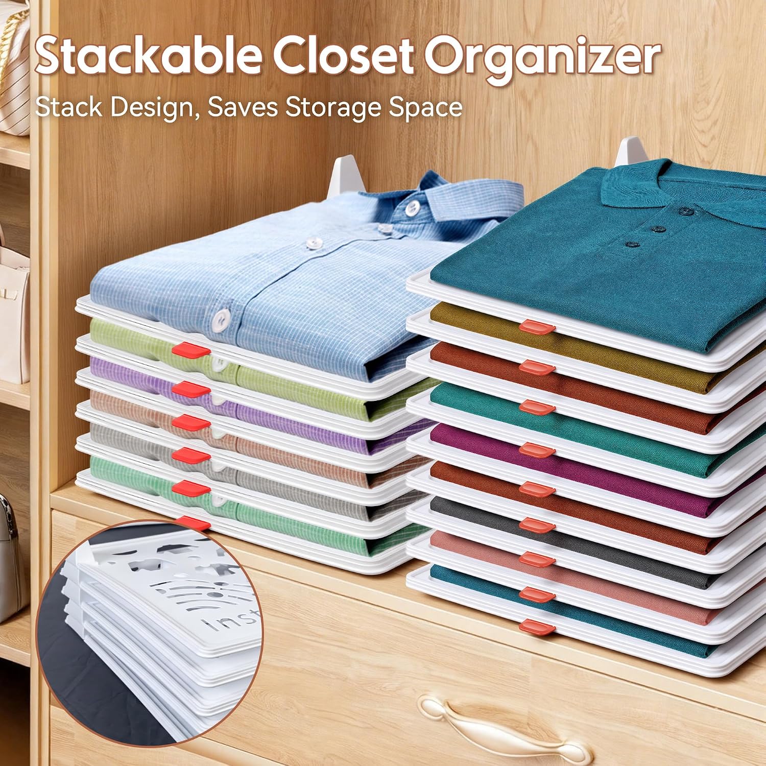 15 PCS Stackable Closet Organizer, T-Shirt Organizer for Home Bedroom Closet Storage, Portable Clothes Folder with Detachable Adjustable Stacking Feet, Fits Thick & Thin Garments