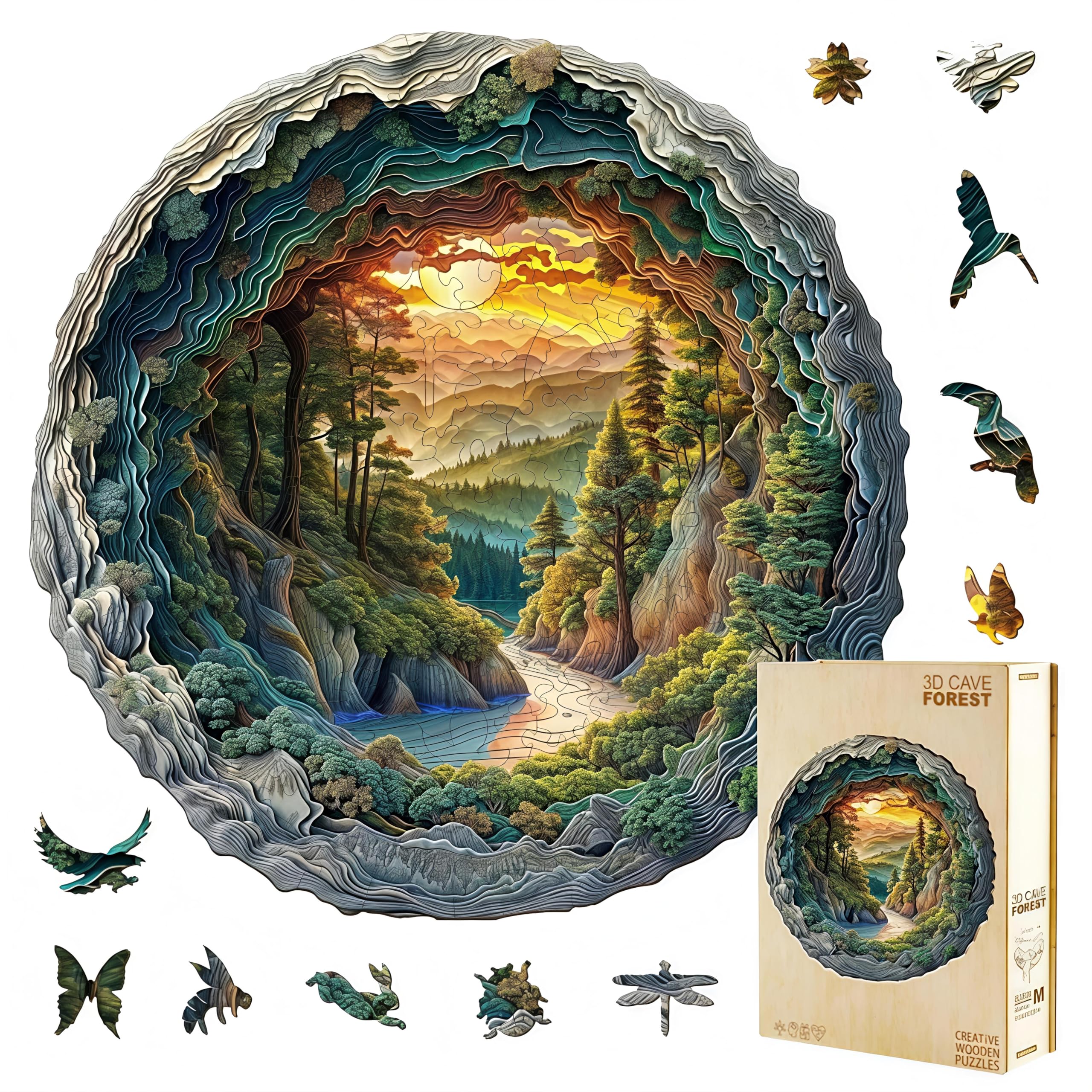 Jollitot Wooden Puzzles, 3D Cave Forest Puzzle 300 Pieces, Unique Animal Shaped Wood Challenging Jigsaw Puzzles Ideal for Adults, Premium Wood Gift