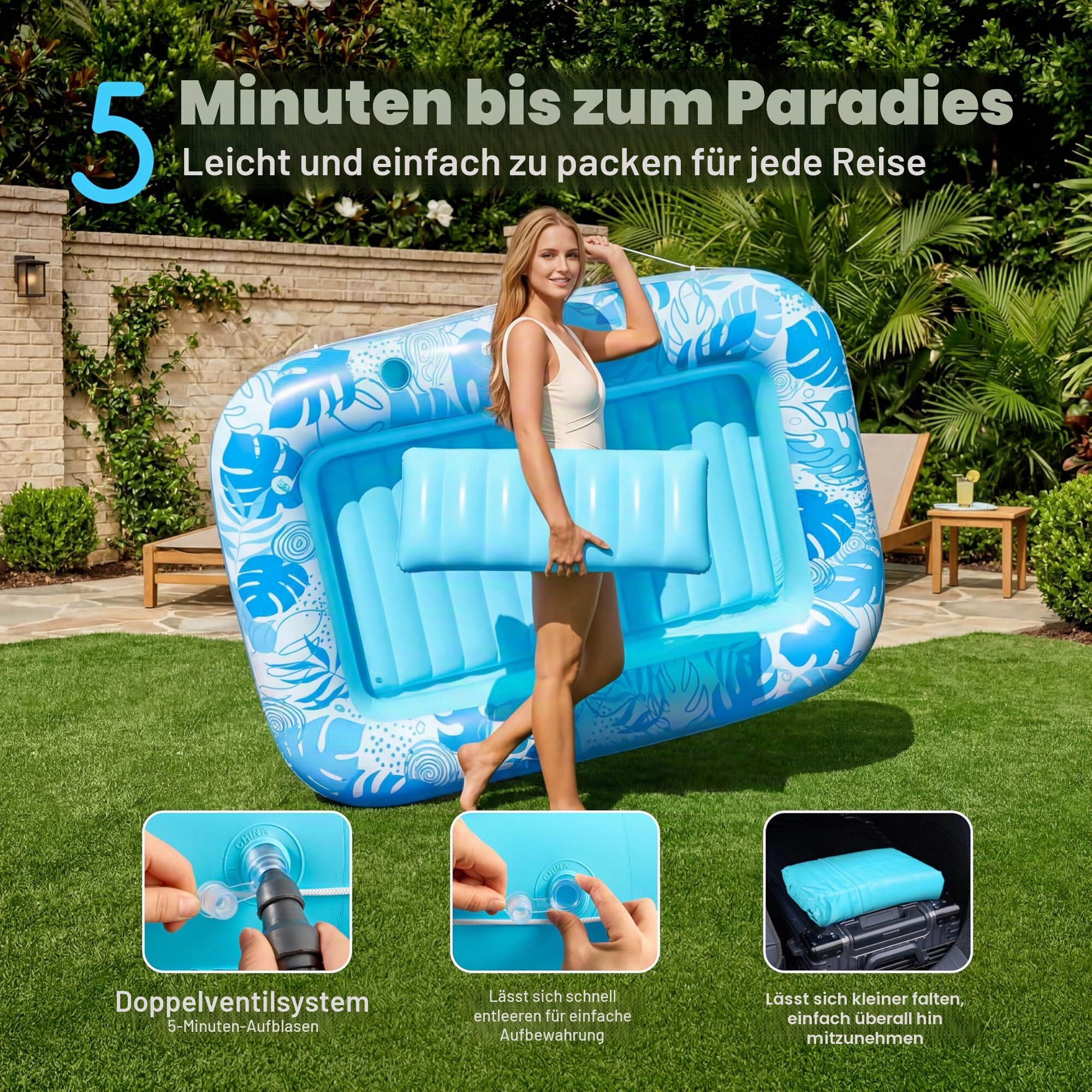 SLOOSH Aufblasbare Tanning Pool 70" x 46" 85" x 57" Luftmatratze für Erwachsene mit Kissen 4-in-1-Sonnenliege