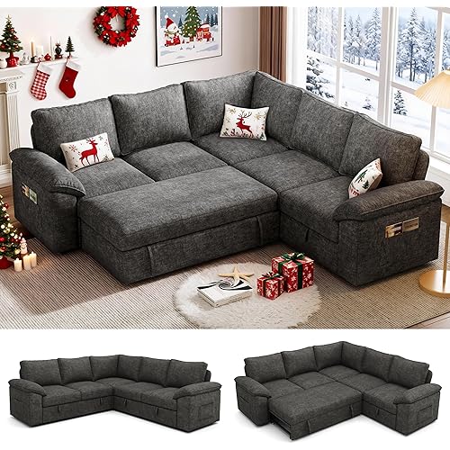 85 Inch Modular Sectional Sofa with Pull Out Bed,L Shaped 5 Seat Sectional Sleeper Sofa with Storage,Sectional Couches for Living Room,Cloud Modular Couch,Removable Sofa Cover,Dark Grey