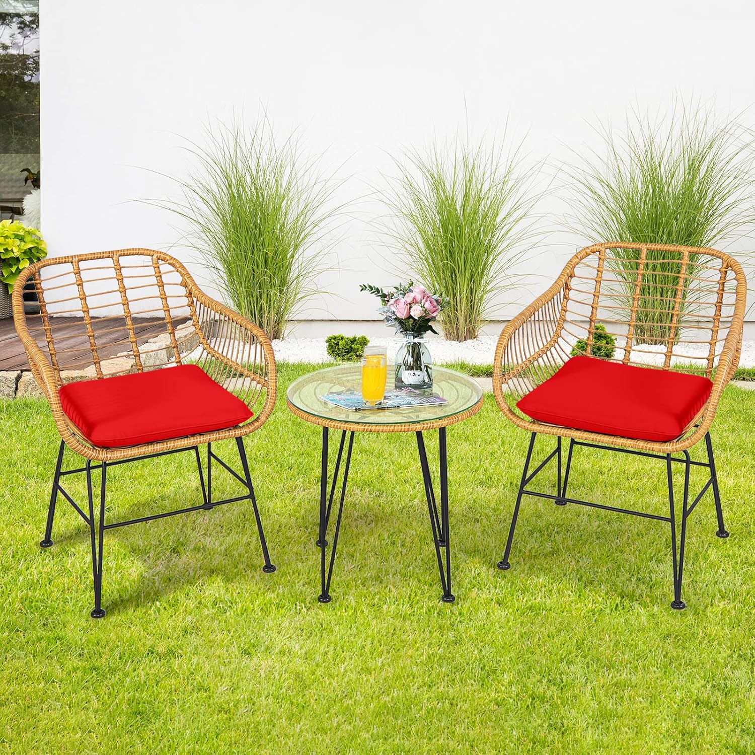 KOTEK 3 Pieces Patio Bistro Set, Outdoor Rattan Conversation Set with Glass Top Coffee Table & Seat Cushions, Indoor Outdoor Wicker Bistro Furniture Set for Garden Backyard Porch Balcony (Red)