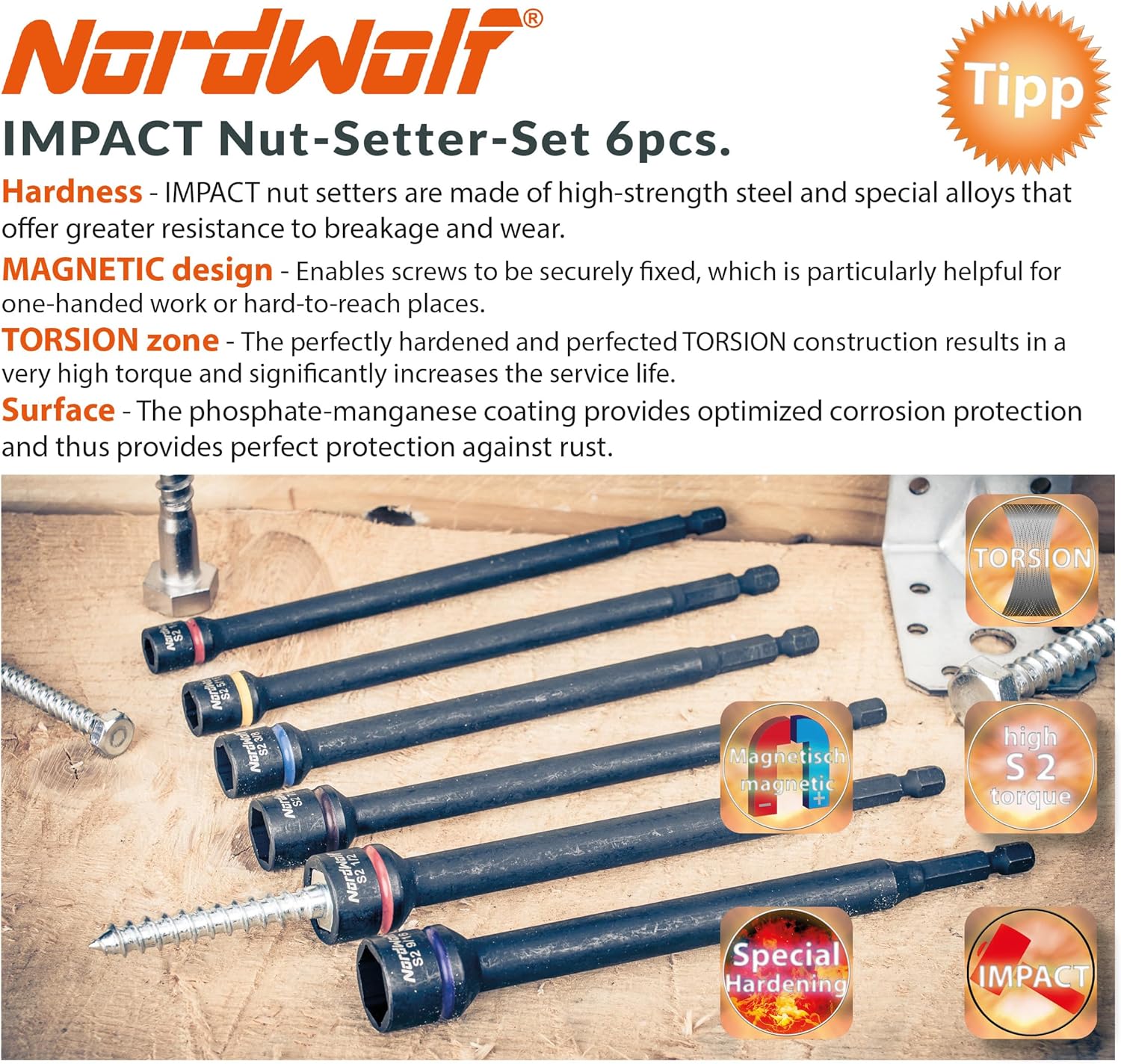 NordWolf 6-Piece Nut Driver Set, S2 Steel Impact Magnetic 6" Nut Setters, SAE Sizes 1/4"-5/16"-3/8"-7/16"-1/2"-9/16"