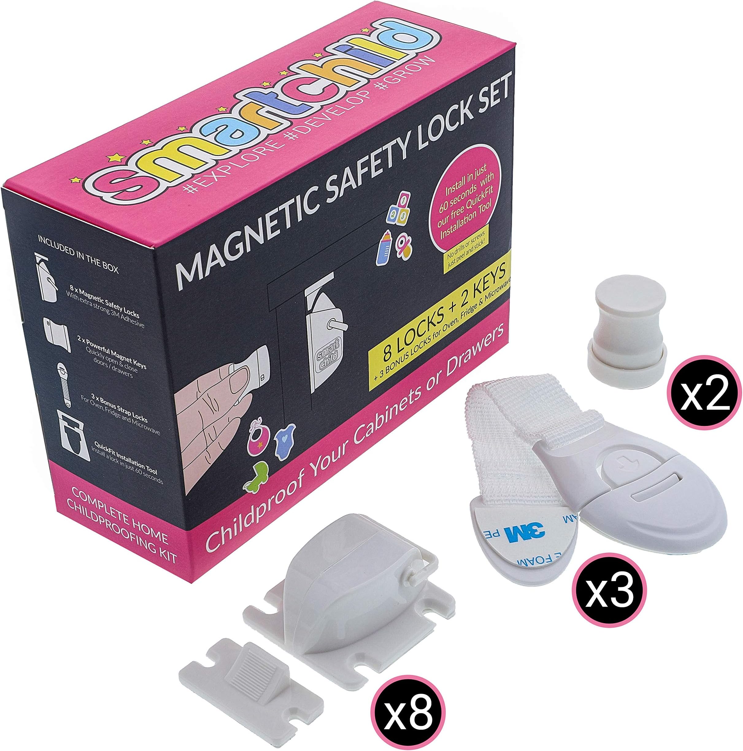 SmartChild Magnetic Safety Locks – 8 Pack + 3 Bonus Strap Locks to Keep Baby Safe – Free QuickFit Tool to Child Proof Any Cabinet, Drawer or Cupboard in 60 Seconds – no Tools just Peel and Stick