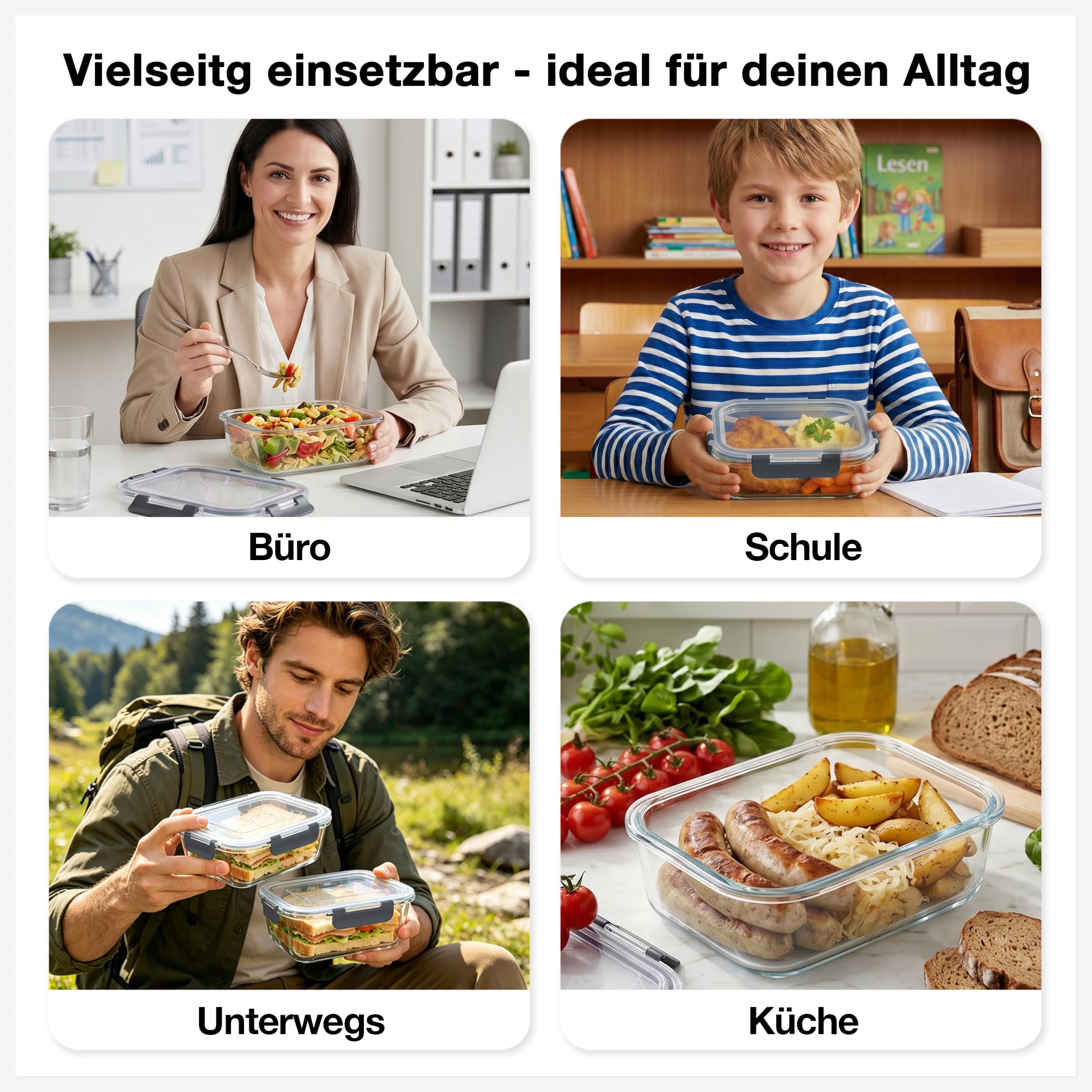 Haushaltszauber Set di contenitori in vetro, ermetici, con coperchio, per cucina, scorte e Meal Prep (set da 12 pezzi, rotondi, quadrati e rettangolari)