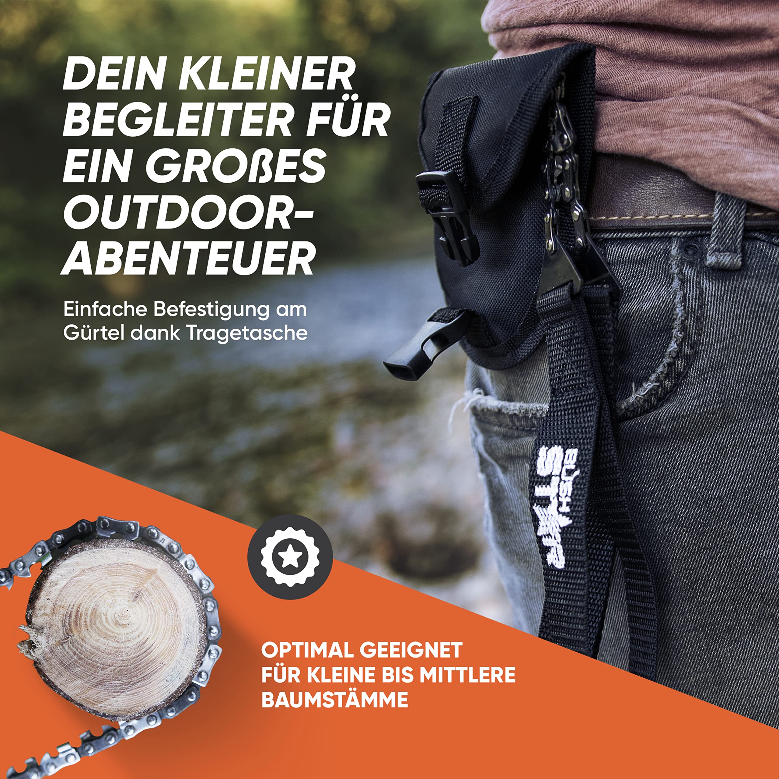Handkettensäge mit 33 Zähnen inkl. Gürteltasche und GRATIS FEUERSTARTER Holz schnell und einfach sägen - Premium Hand-/AST-/Holz-/Gartensäge für Survival, Outdoor & Camping