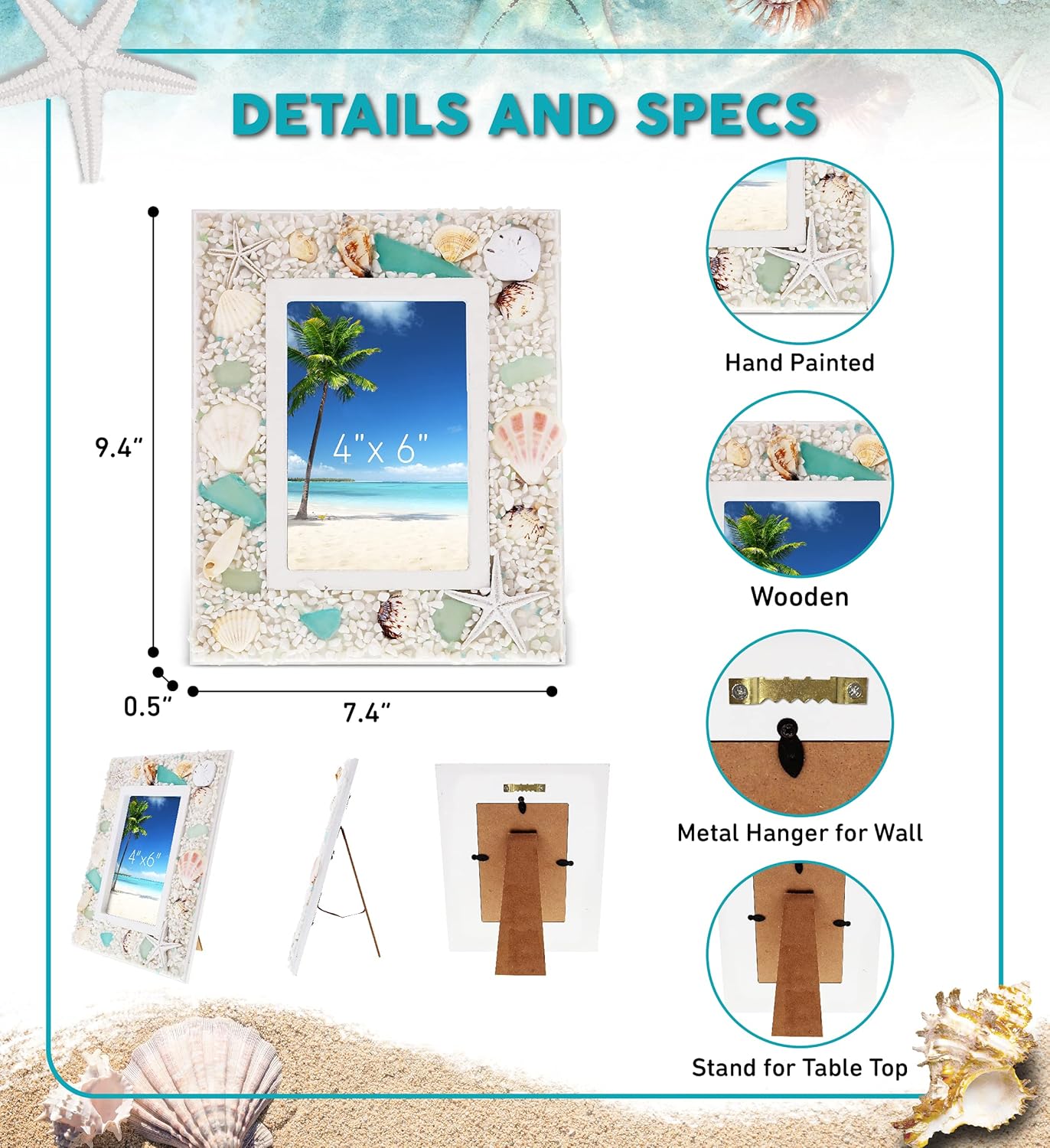 CoTa Global Oceanic Beach 4x6 Frame - Wooden Seashell Photo Frame with Beach Ornaments, Handmade Tropical Sand Nautical Picture Frame for Tabletop or Wall Hang - 9.4 Inches
