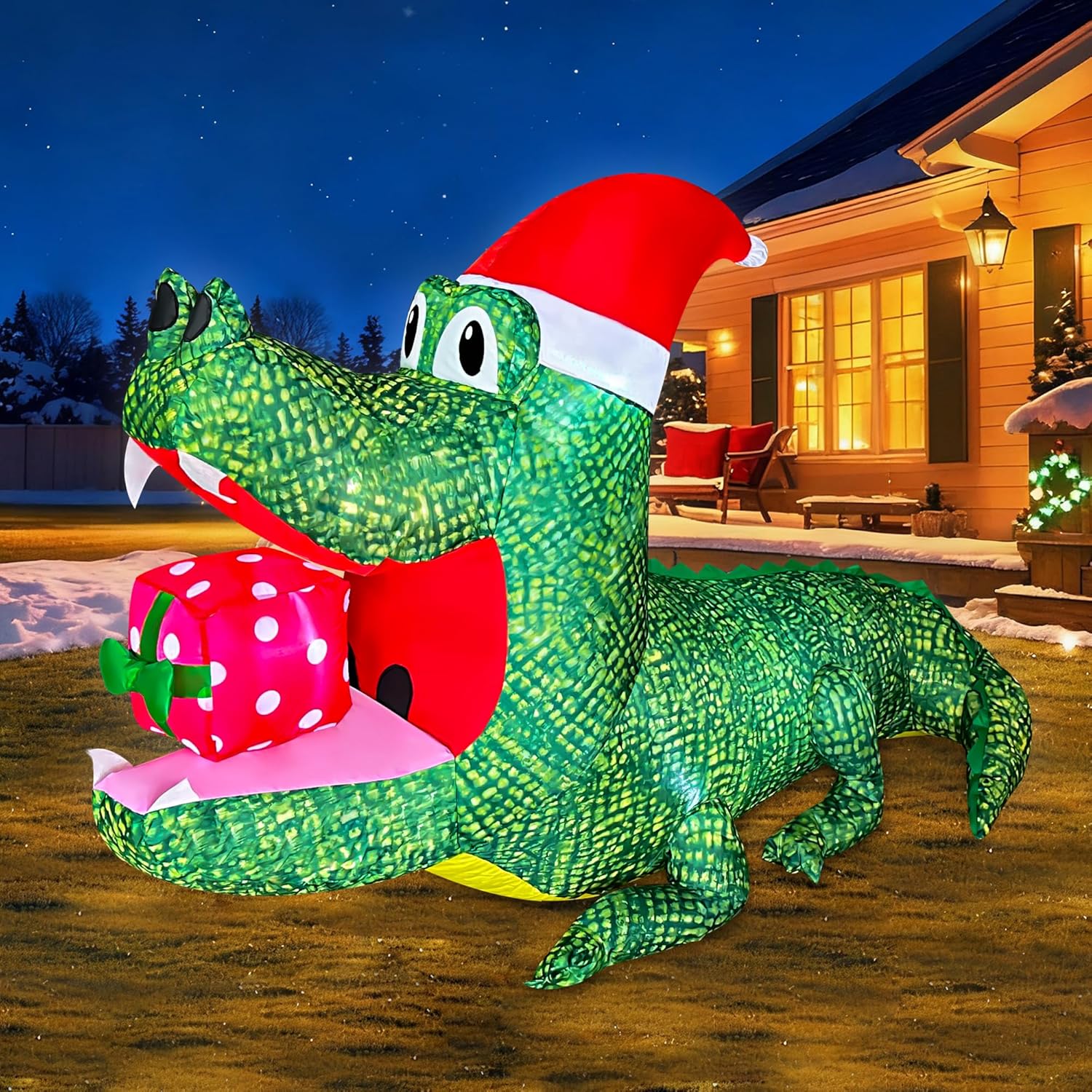 SEASONBLOW 4 FT Christmas Inflatable Alligator Decoration, LED Lighted Xmas Gator with Gift Boxes Blow Up Decor for Lawn Yard Garden Home Indoor Outdoor Holiday Party
