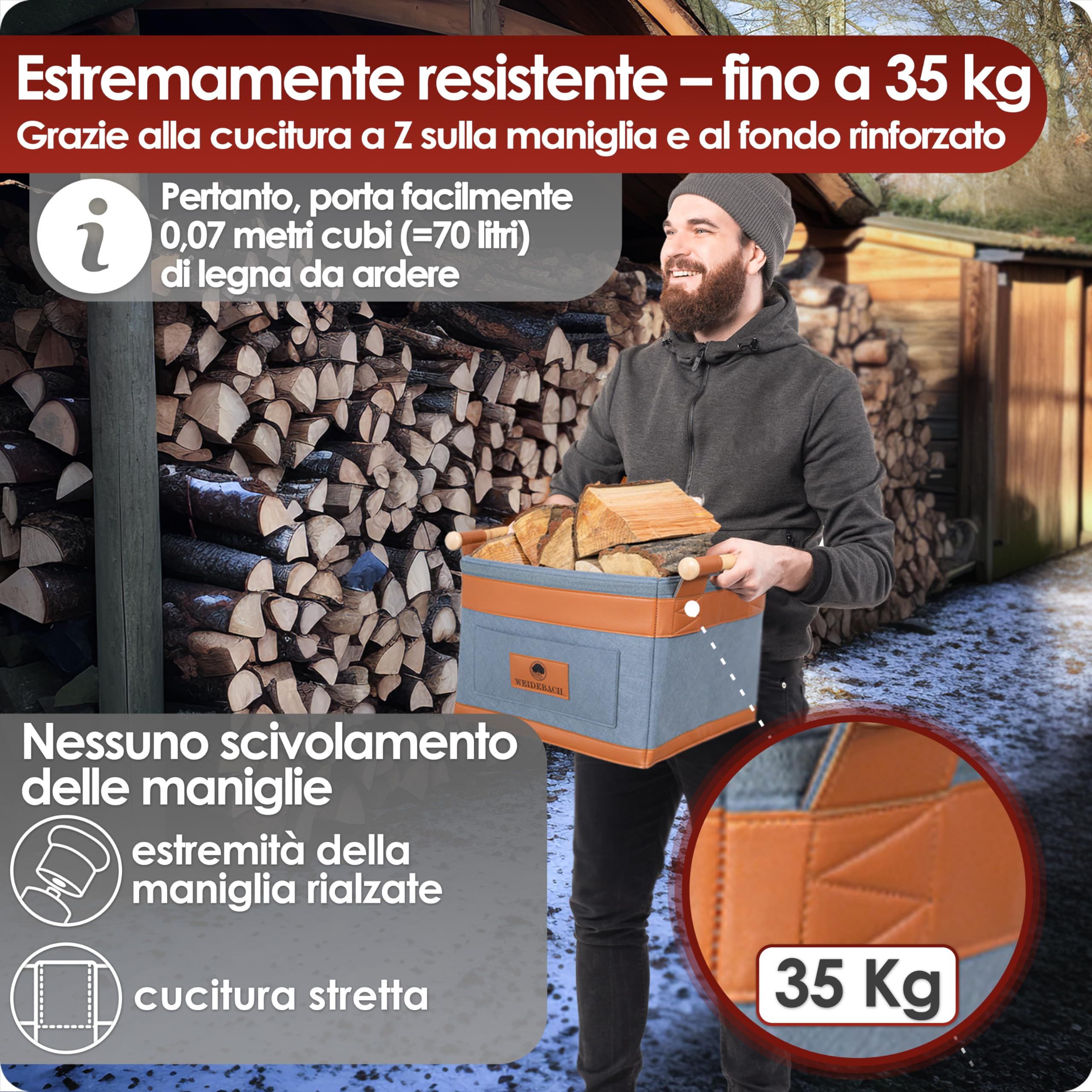 WEIDEBACH® Cesto in Legno per Legna da Ardere 35L (Espandibile a 50L) | Grigio Resistente, 40x30x30cm, Con Manico Antiscivolo, per Conservazione da Camino