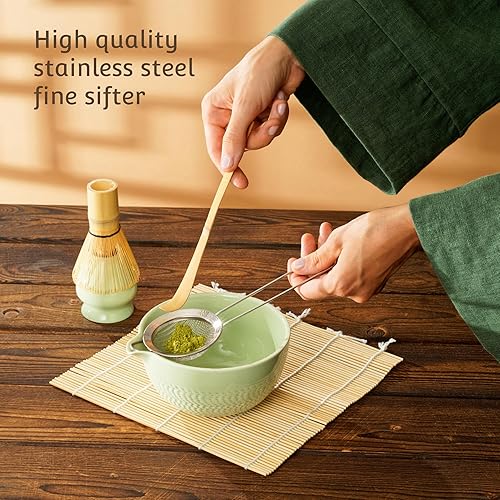 Miniatura 3 de Juego de batidor de matcha, cuenco de cerámica con boquilla, batidor de bambú, polvo de matcha ceremonial, guía de recetas, tamiz, soporte, cuchara,
