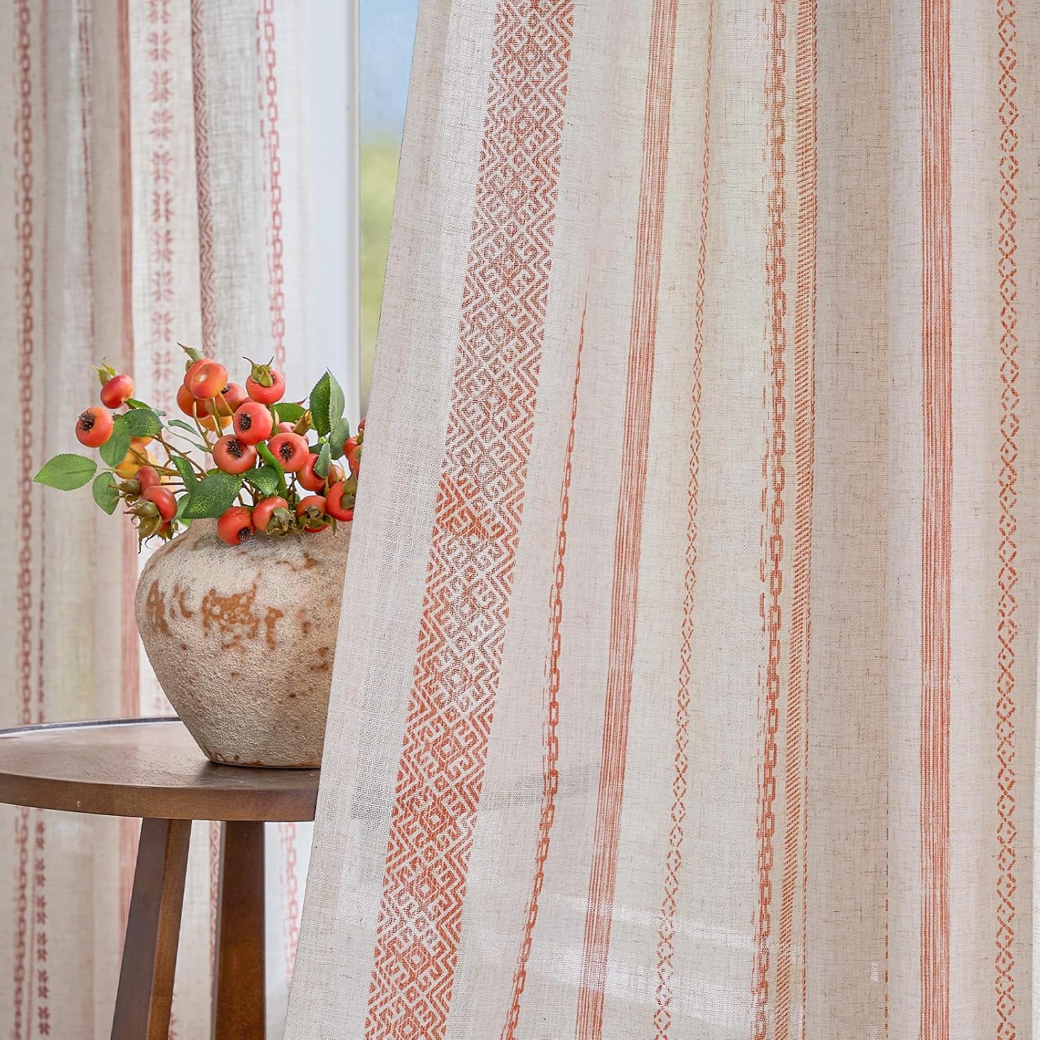 jinchan Linen Blend Boho Curtains for Living Room, 63 Inch Long Terracotta Printed on Beige Retro Farmhouse Bohemian Geometric Striped Drapes, Light Filtering Back Tab Curtains 2 Panels