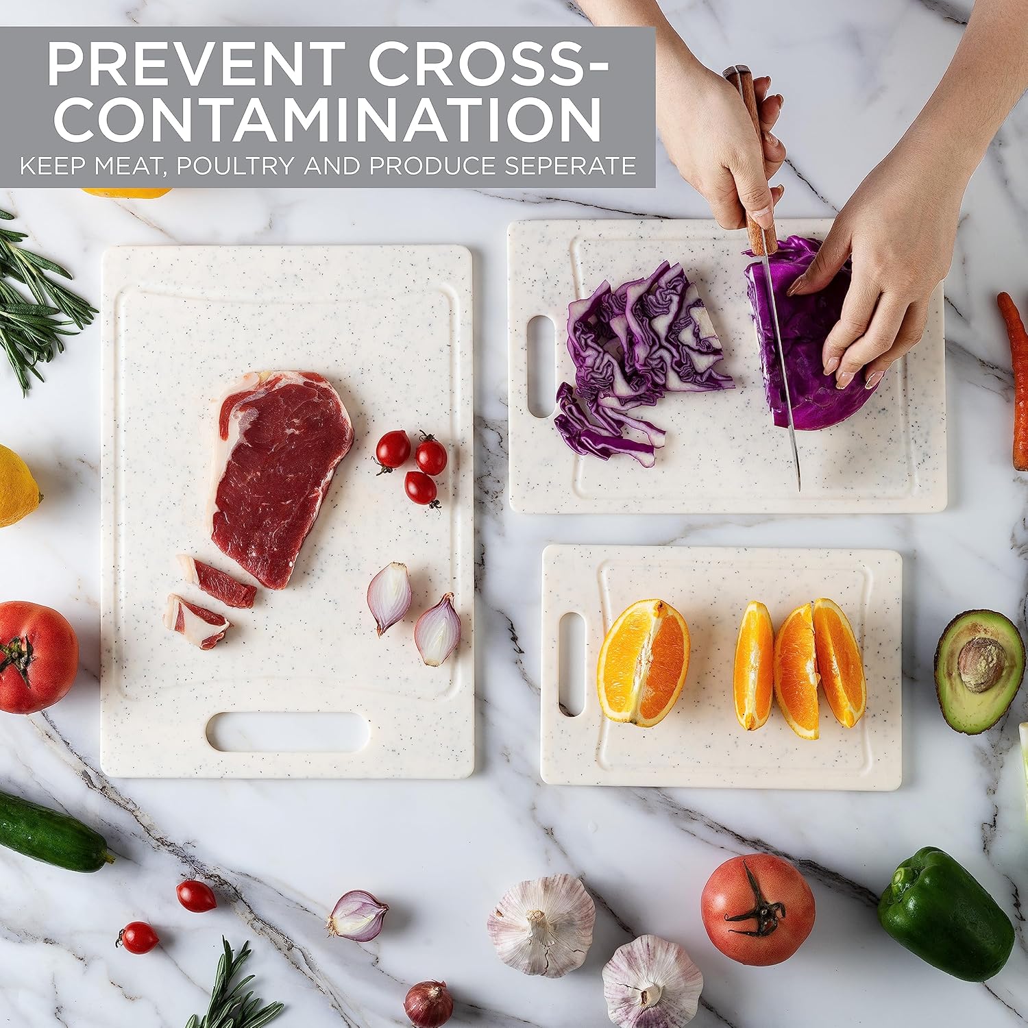 COOK WITH COLOR Kitchen Essentials - Mixing Bowls with Lids Set and 3 Thick Cutting Boards in White Speckled