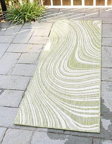 Unique Loom colección moderna para exteriores - Alfombra de área para piscina (2 pies x 6 pies 1 pulgada, alfombra de pasillo, color verdemarfil)