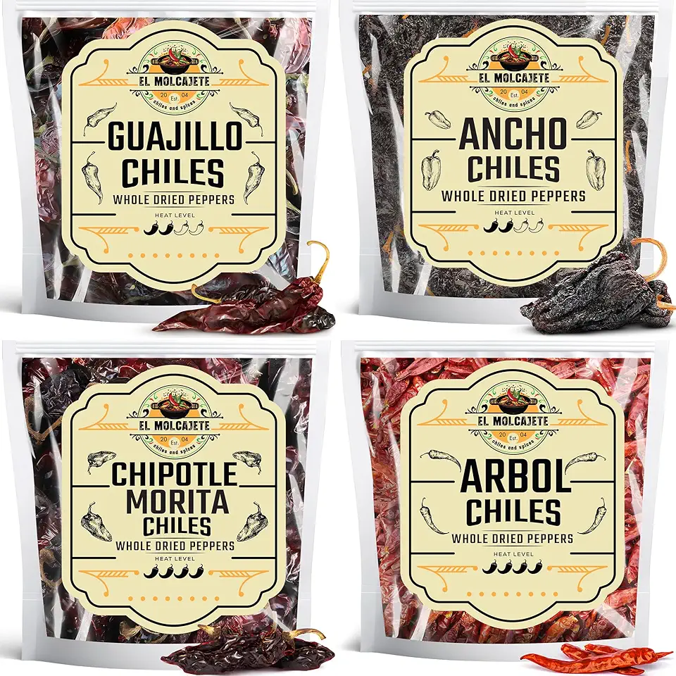Dried Chile Pepper Variety 4-Pack - Ancho, Guajillo, Arbol &amp; Chipotle Chiles - Whole Peppers for Authentic Mexican Cooking, Sauces, Salsas &amp; Marinades – Bold Flavor, Hand Selected By El Molcaj