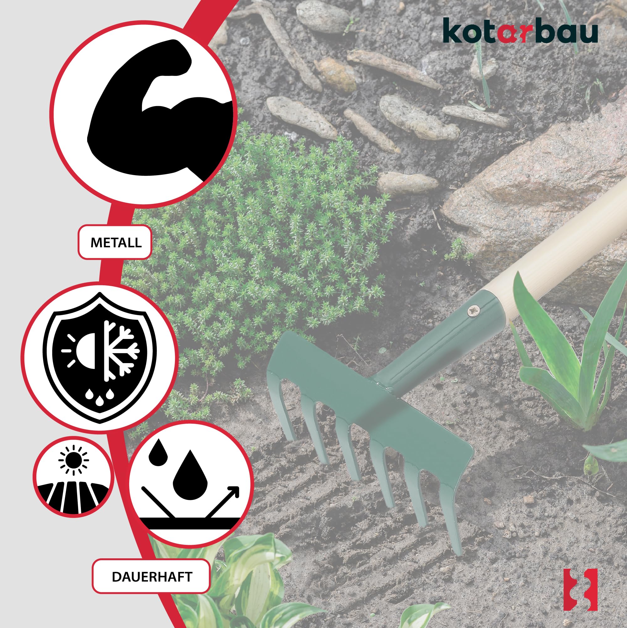 KOTARBAU® Grabki Metalowe - 11,5 cm - Grabie do Rabat - Grabki Ogrodowe - 6 Zębów - Zielone - Drewniany Trzonek - 60 cm