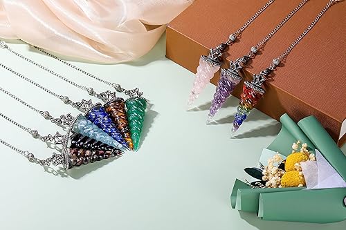 Miniatura 7 de Jovivi Péndulos naturales de cristal de 7 chakras para radiestesia de adivinación, corona de cono de espiral, péndulo puntiagudo con cadena, piedras
