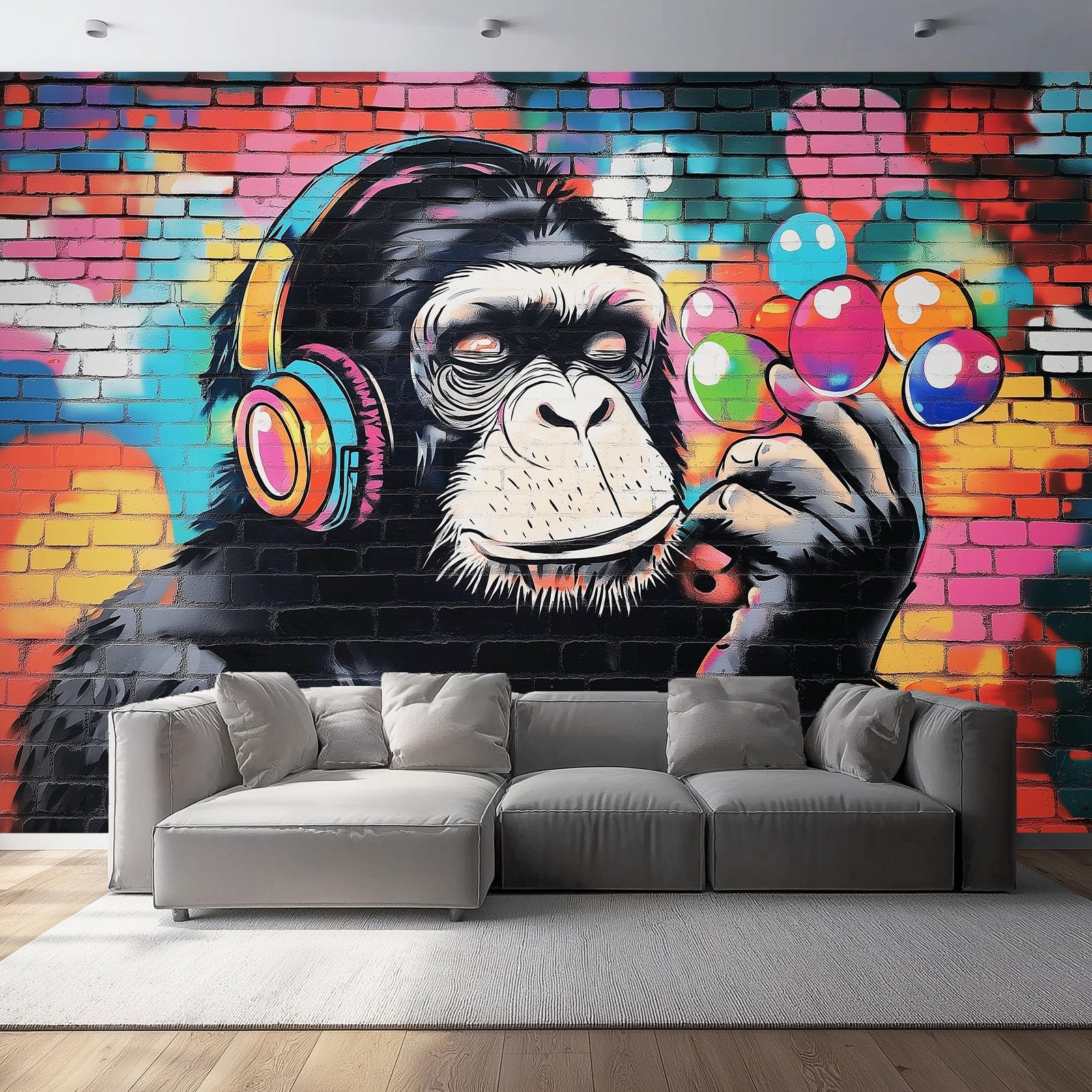 Papel pintado no tejido 350 x 256 cm, Grafiti De Dibujos Animados De Chimpancé Póster de pared gigante para decoración de habitación infantil, niño, niña y adolescente Vistoso