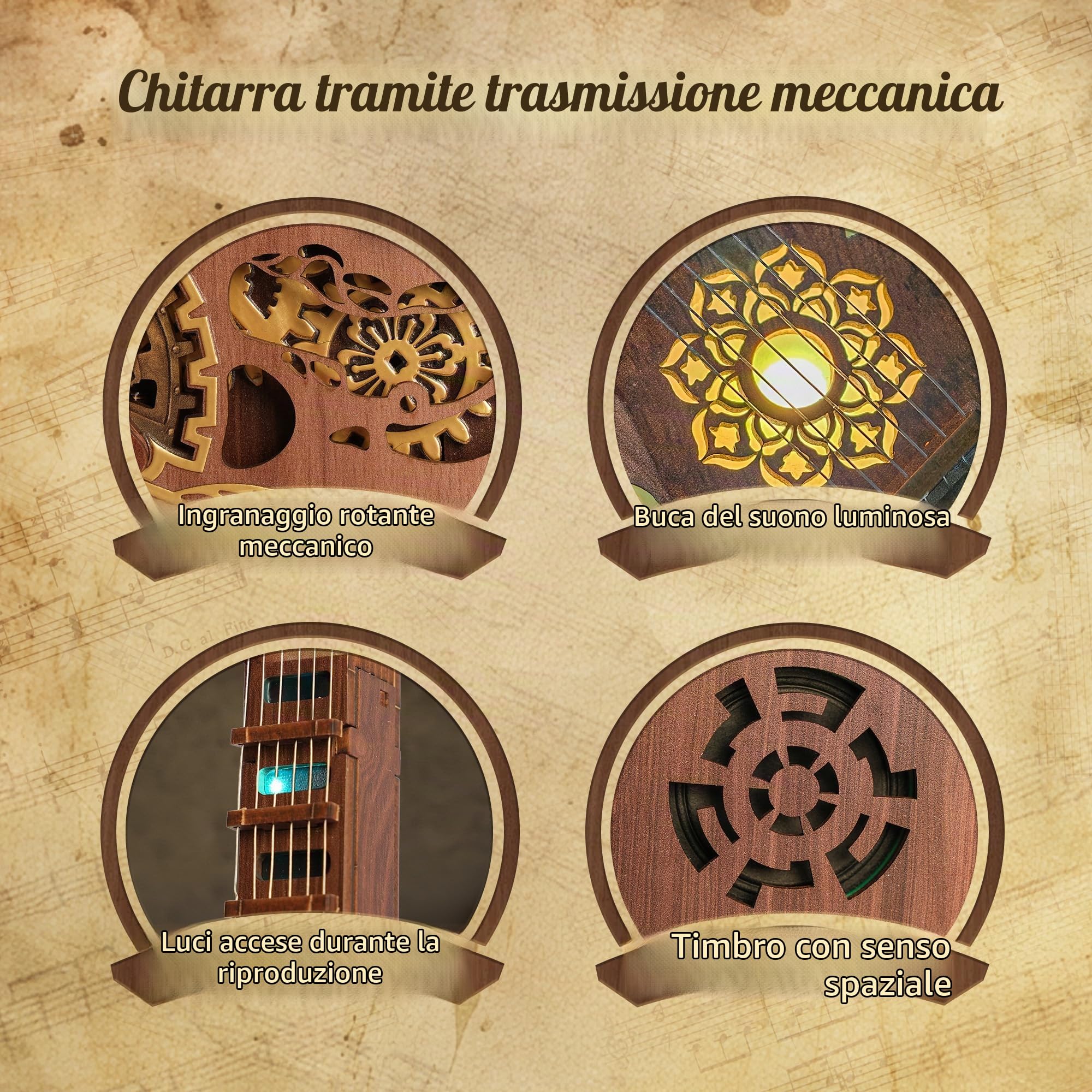 FUNPOLA Puzzle 3D in legno chitarra accordi LED Kit – Modello di chitarra acustica suonabile con luci LED, puzzle meccanico musicale fai-da-te per adulti e ragazzi