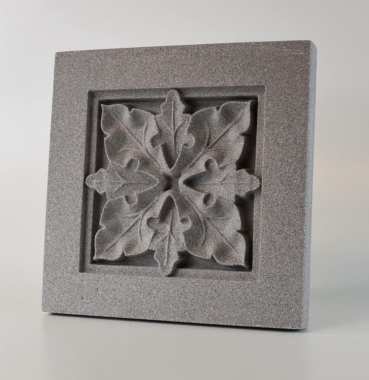 Sculpted Architectural Bas Relief 3D Tile Plaque Ornament, Solid Cast Stone, Roman Leaf Design, 9.5"x9.5" for Wall Hanging or Tabletop Display (Grey with Keyhole)