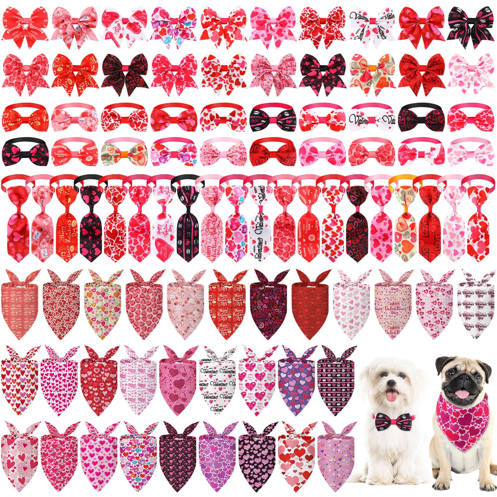 Reginary Set di 120 bandane per cani di San Valentino Bulk Fiocchi per cani Set Papillon Sciarpa per gatti Colorato Lavabile Triangolo Fazzoletto per animali domestici carino Bavaglino per l'estate