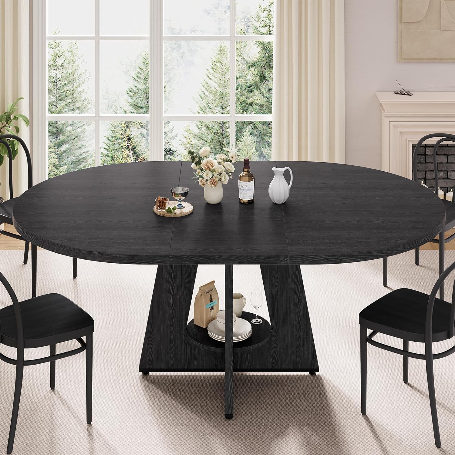 43''–59'' Extendable Dining Table, Round Kitchen Dining Room Dinner Table with for 4 6 8 People, Space Saving Modern Oval Expandale Furniture with Storage and Pedestal for Kitchen Living Room (Black)